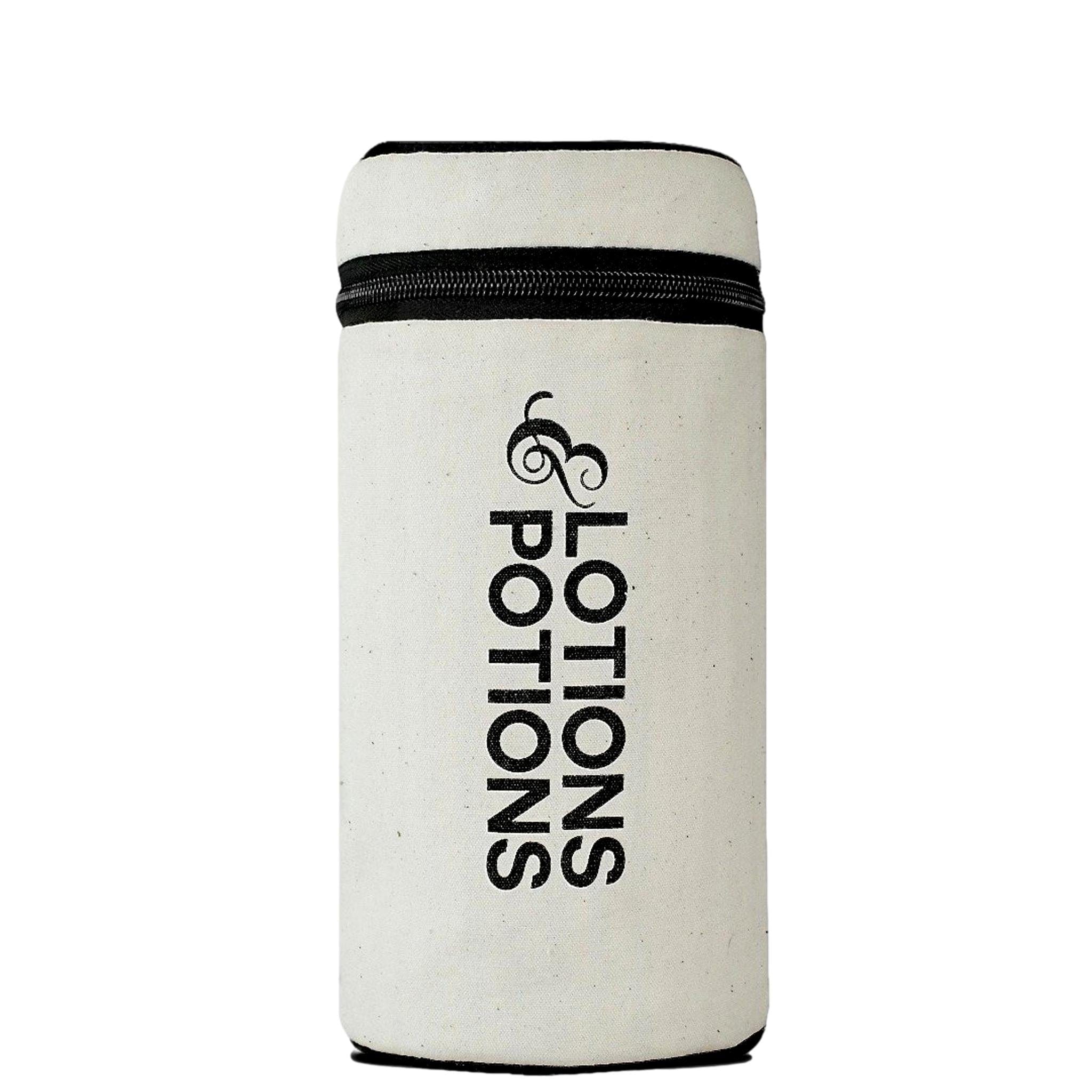 Bag-all Stylish Beach Essential Set cream cotton organizing bag with black zipper showing Lotions & Potions text print, part of 3-pack waterproof beach accessories