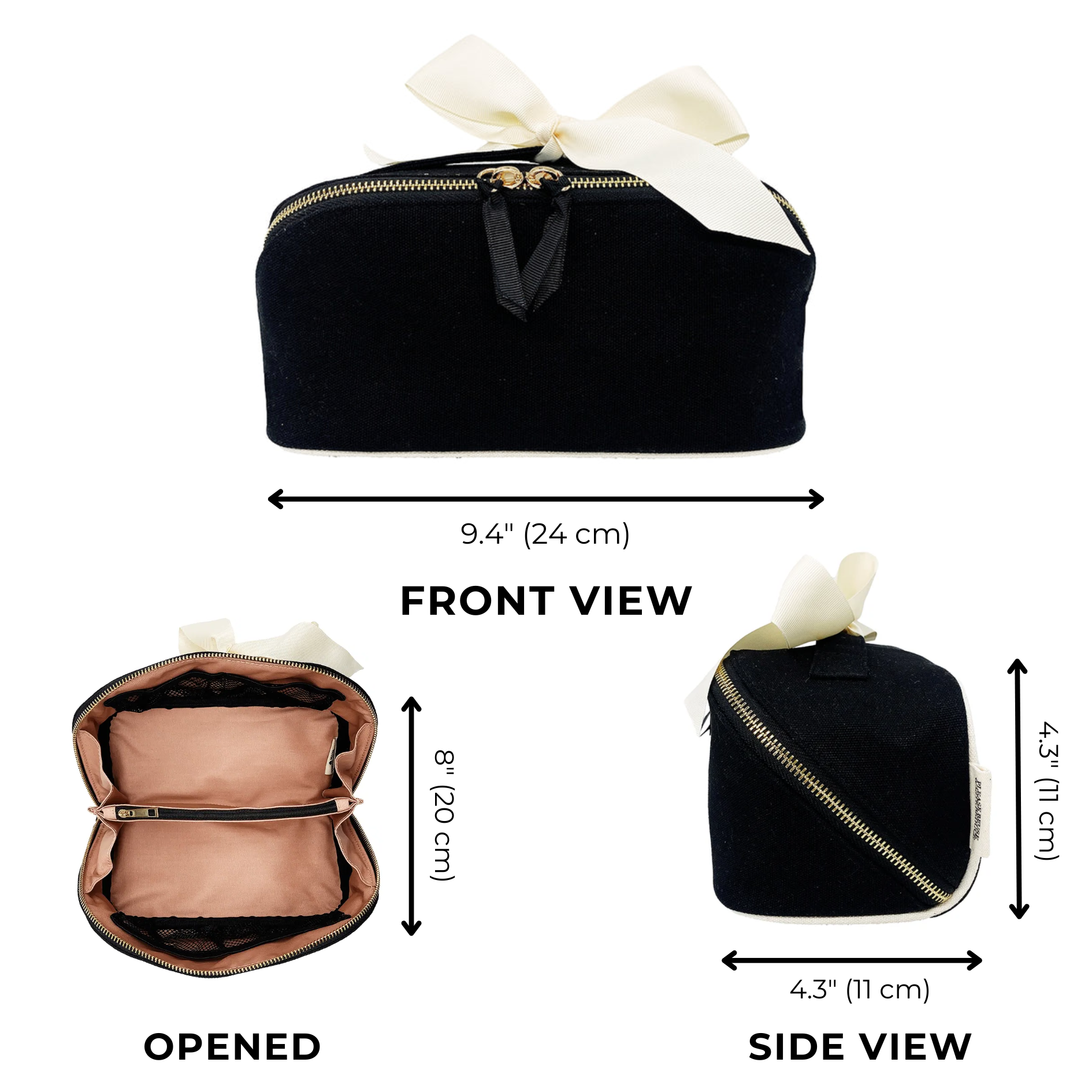 Organizing Makeup Bag, Expandable – Black by Bag-all with gold zipper, pink lining, and reusable ribbon, perfect for stylish storage.