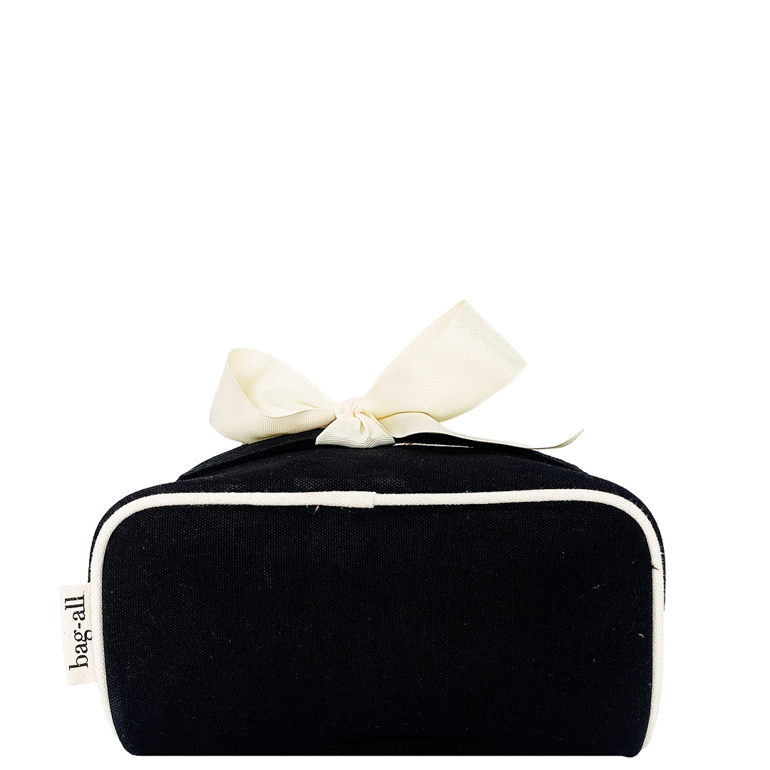 Bag-all Black Cotton Makeup Case with Elegant Cream Bow - Compact Travel Cosmetic Organizer with Contrasting White Trim