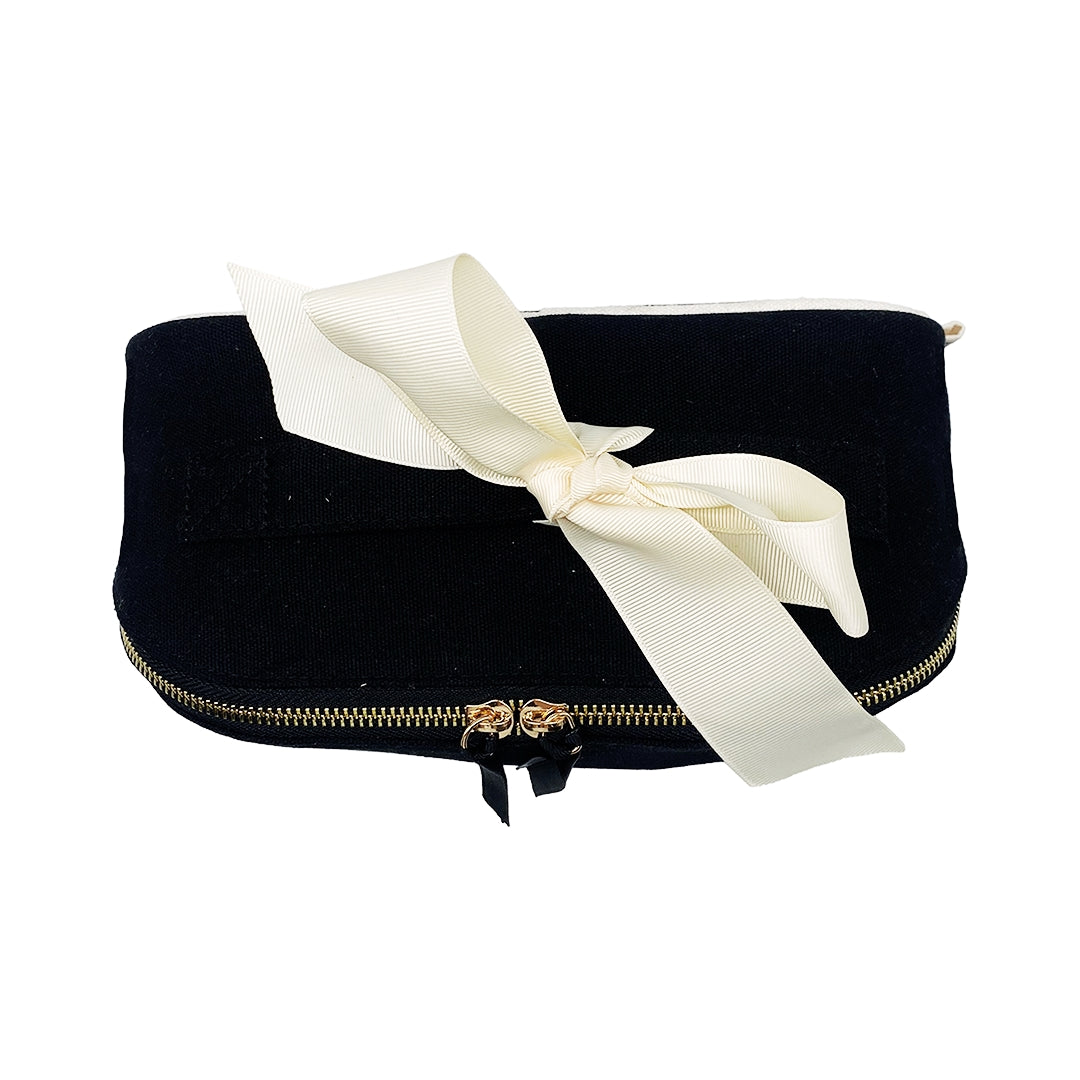 Bag-all Black Velvet Jewelry Case with Elegant Cream Bow, Gold Zipper Detail - Luxury Travel Accessory for Organizing and Protecting Jewelry