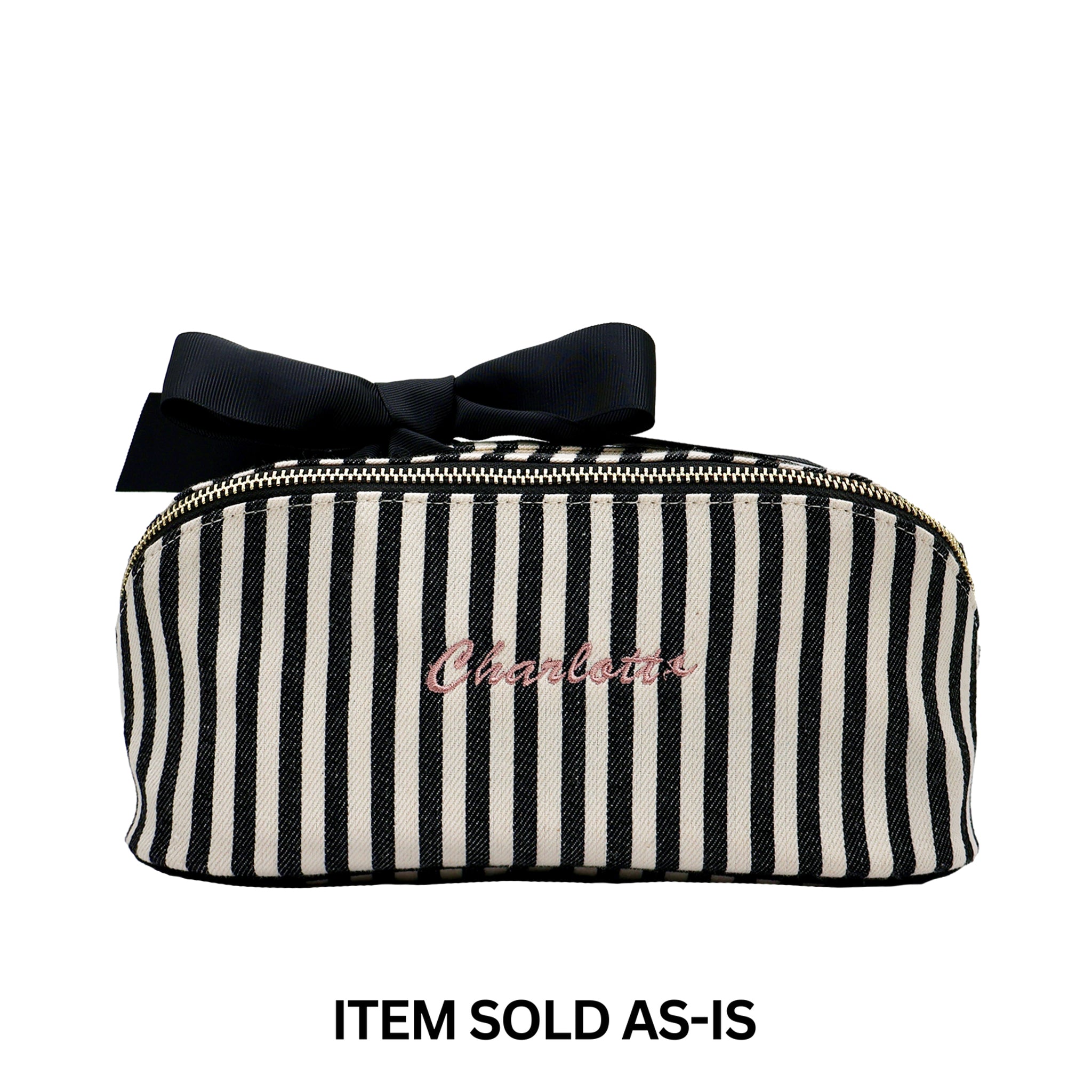 SALES BIN - Accordion Box Makeup & Toiletry – Striped with personalized pink embroidery and black bow, designed for stylish travel organization by Bag-all