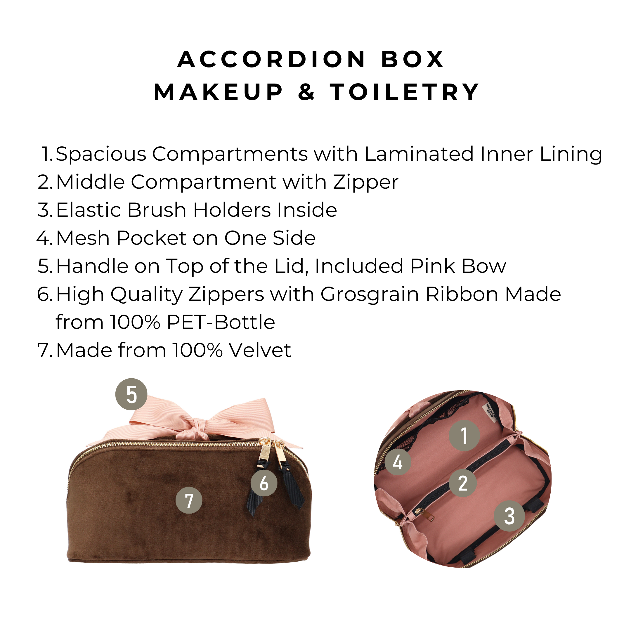 Accordion Box Makeup & Toiletry – Eco Velvet – Espresso Brown by Bag-all, a velvet travel organizer with laminated lining and eco-friendly zippers for easy packing.