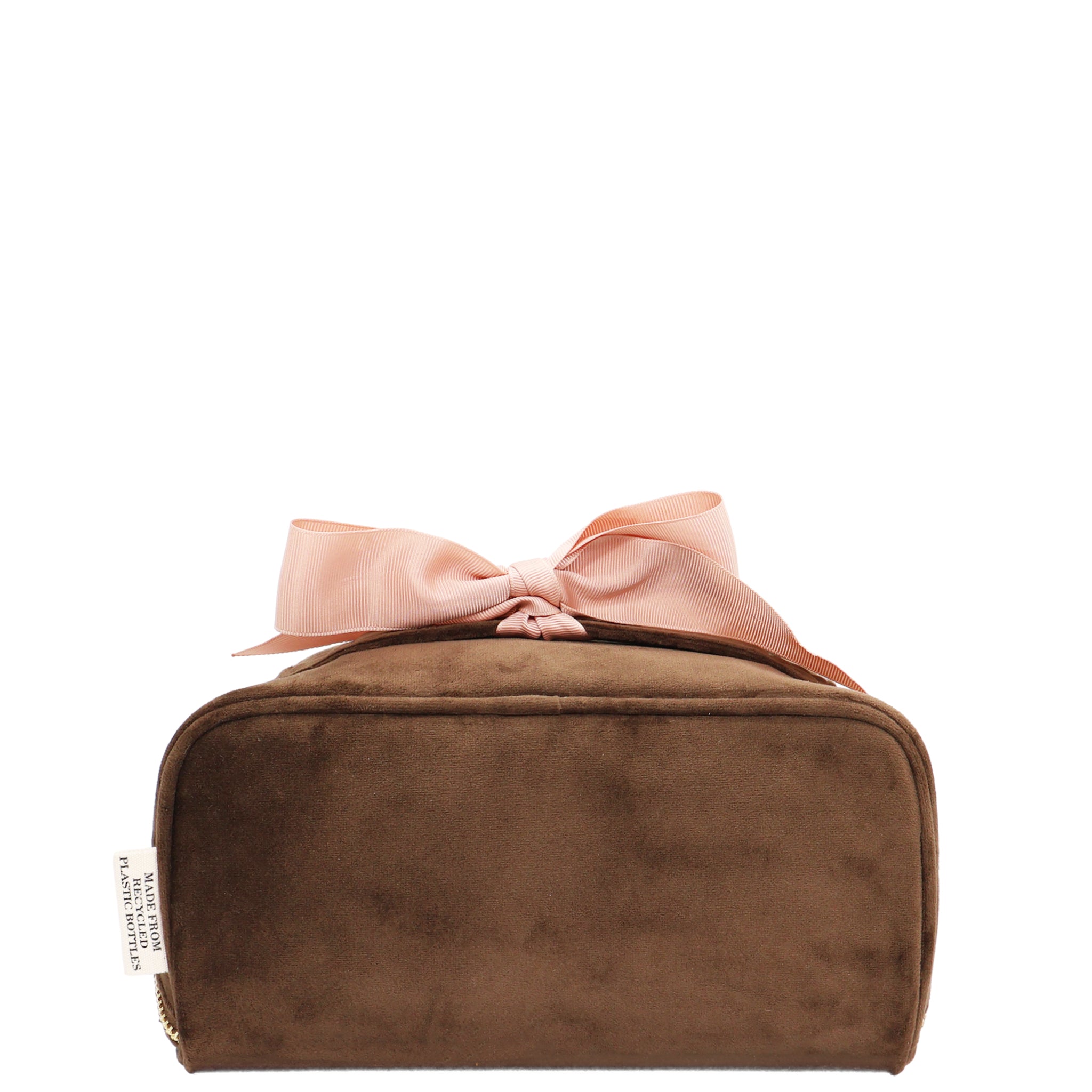 Accordion Box Makeup & Toiletry – Eco Velvet – Espresso Brown by Bag-all, a personalized velvet travel organizer with a soft pink ribbon detail for stylish packing.