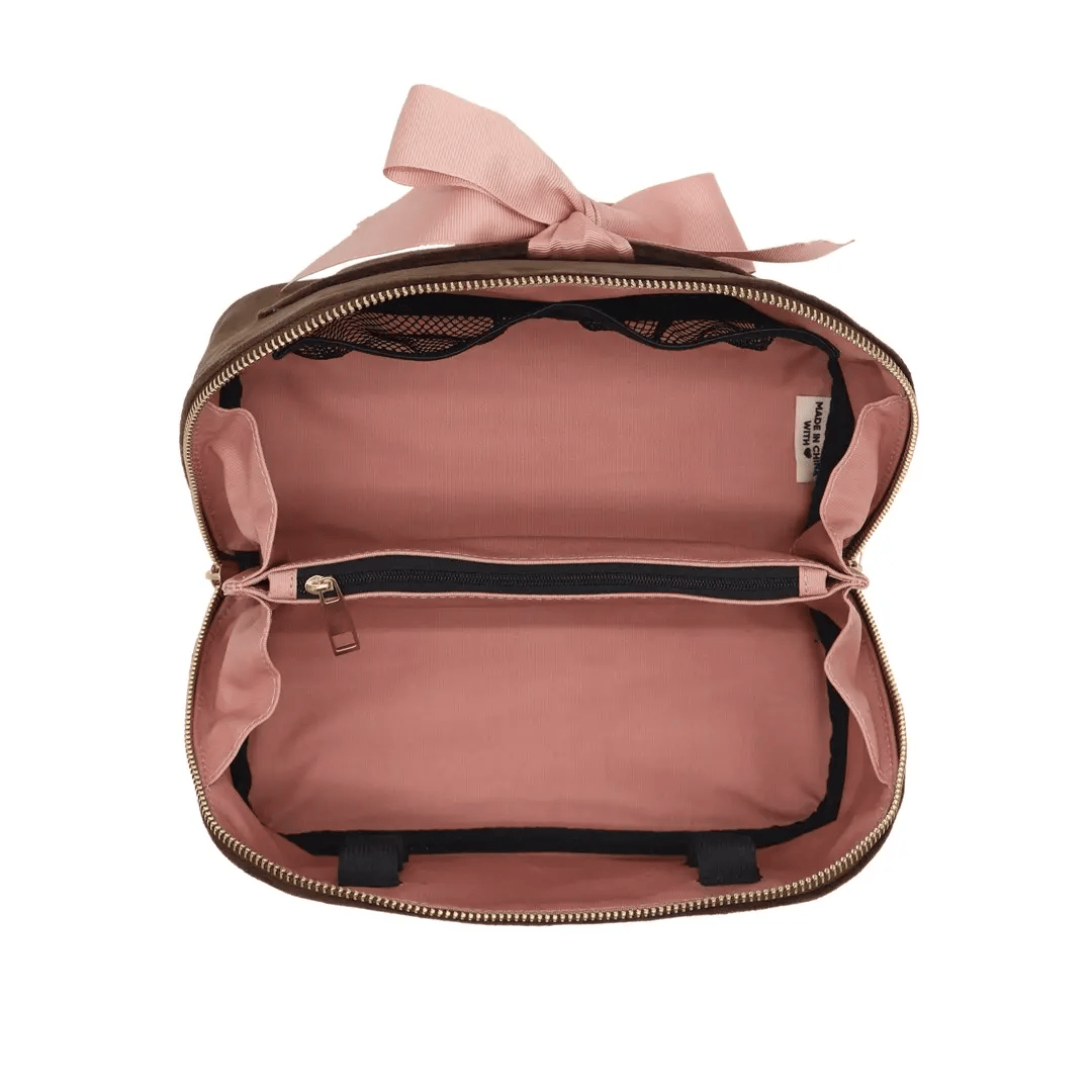 Accordion Box Makeup & Toiletry – Eco Velvet – Espresso Brown by Bag-all open pink-lined Paris-designed travel organizer