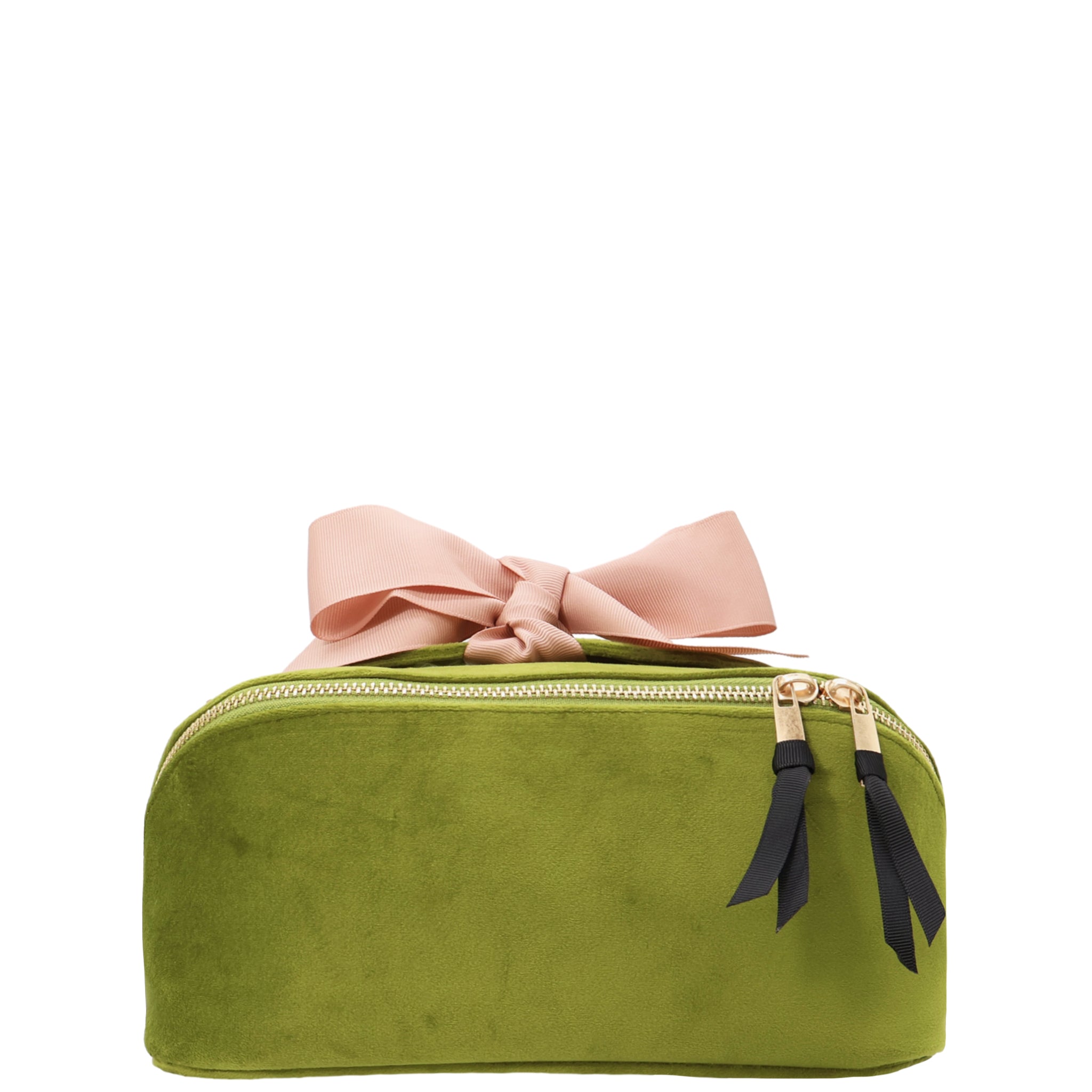 Accordion Box Makeup & Toiletry – Eco Velvet – Matcha Green with soft pink bow and gold zippers for stylish personalized travel organization by Bag-all