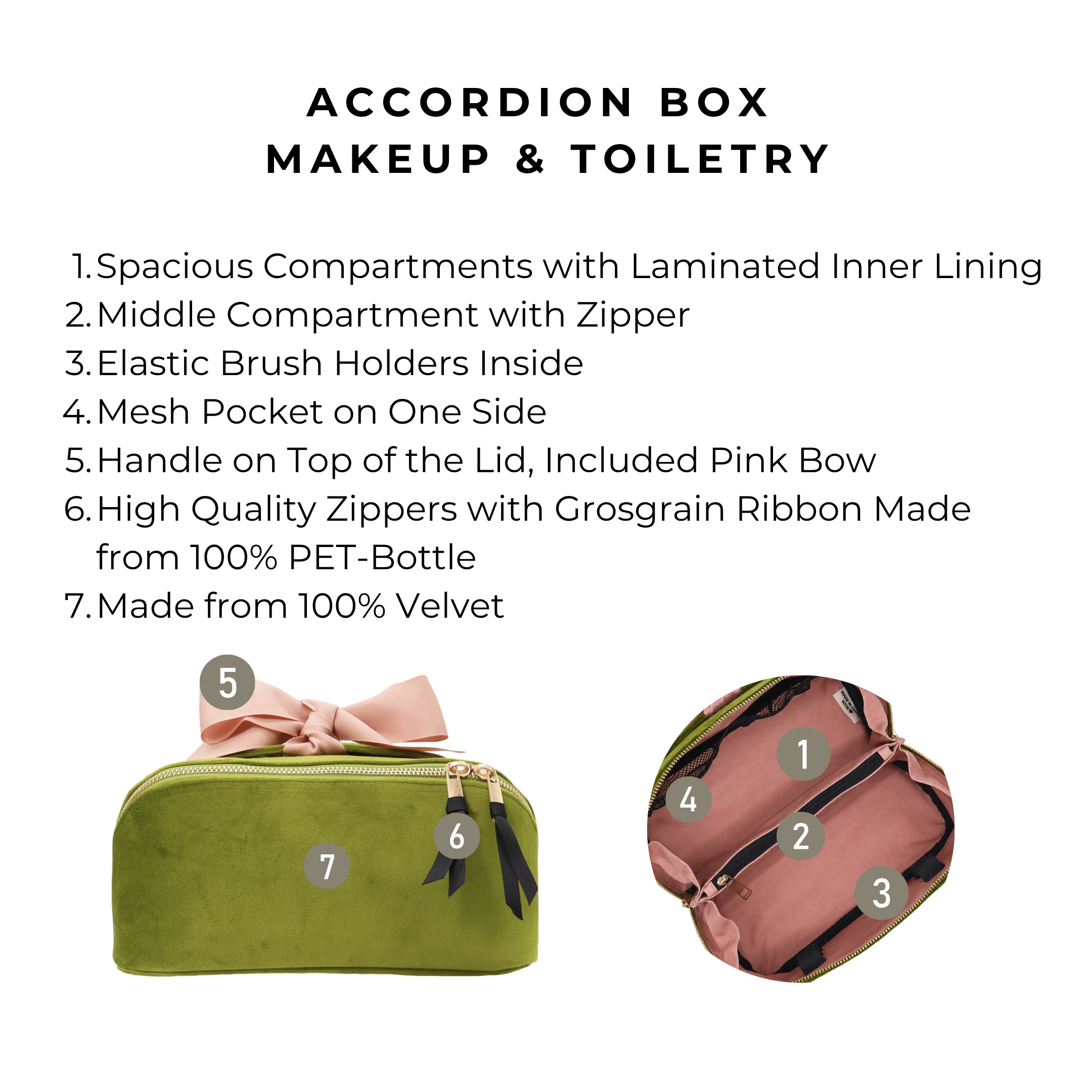 Accordion Box Makeup & Toiletry – Eco Velvet – Matcha Green with multiple compartments, elastic brush holders, mesh pocket, and pink bow handle for stylish travel organization.