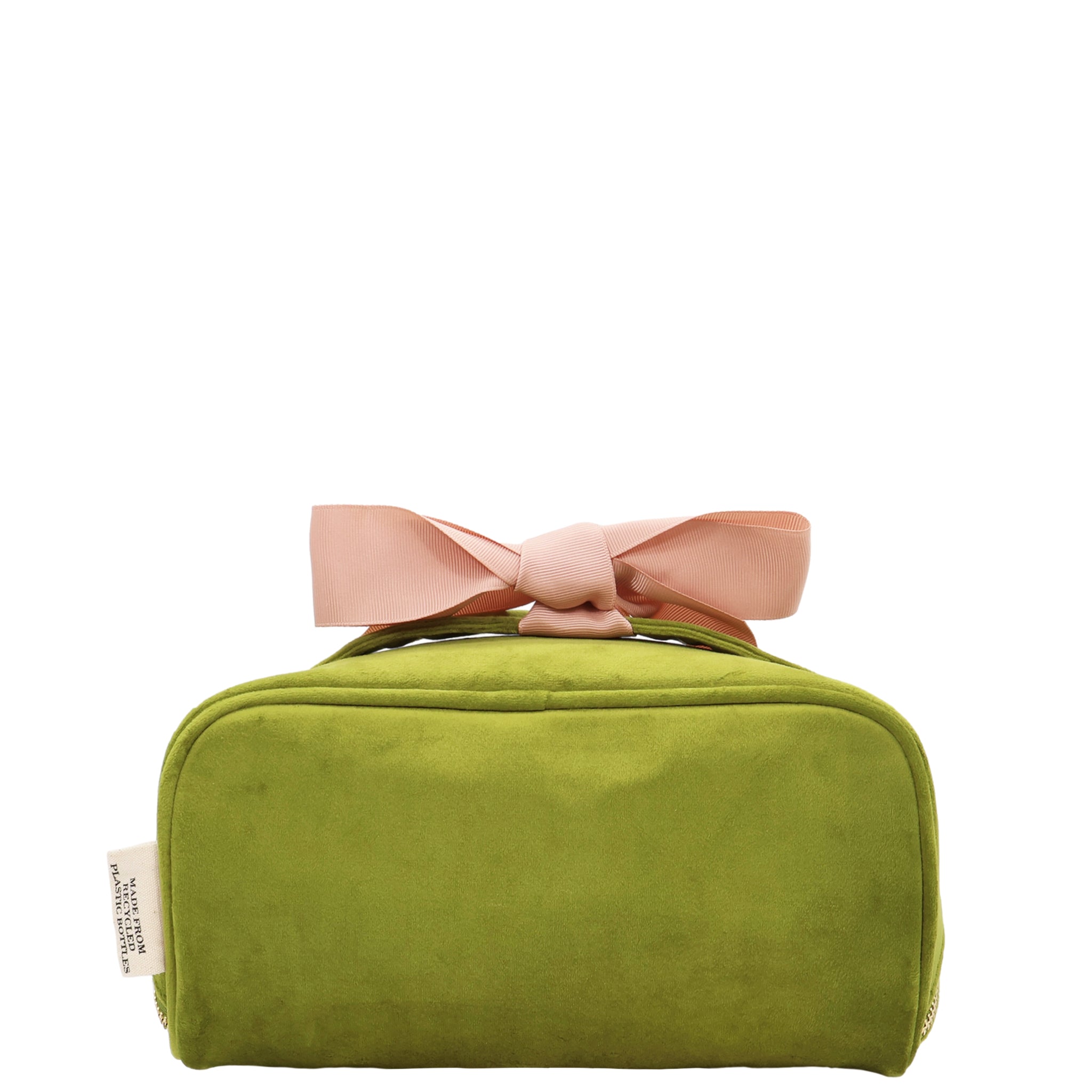 Accordion Box Makeup & Toiletry – Eco Velvet – Matcha Green with soft pink bow handle, ideal for stylish travel organization by Bag-all.