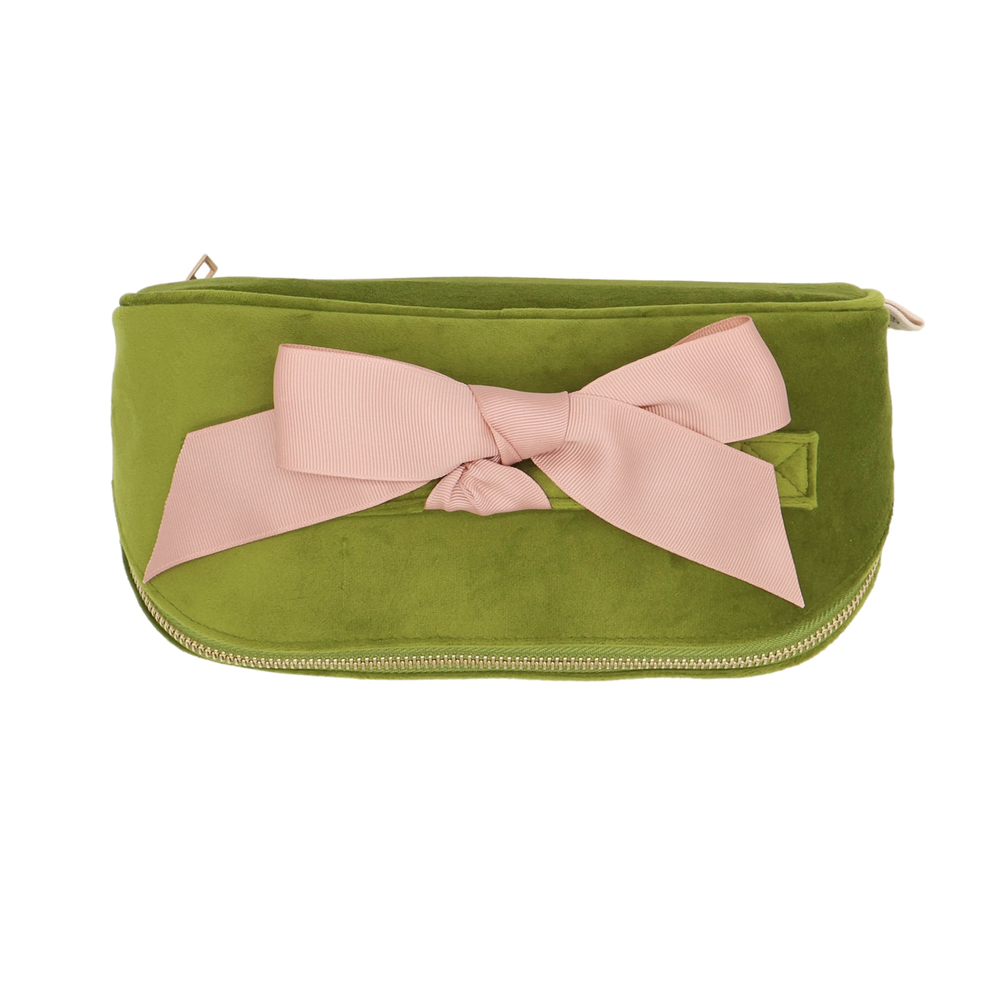 Accordion Box Makeup & Toiletry – Eco Velvet – Matcha Green with soft pink bow and gold zipper for chic, personalized travel organization by Bag-all.