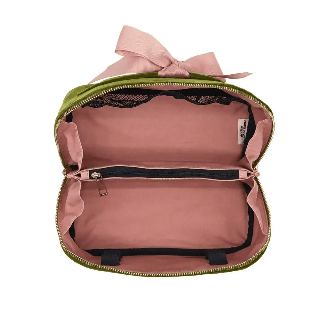 Open Accordion Box Makeup & Toiletry – Eco Velvet – Matcha Green with pink interior and multiple compartments for organized travel essentials by Bag-all.