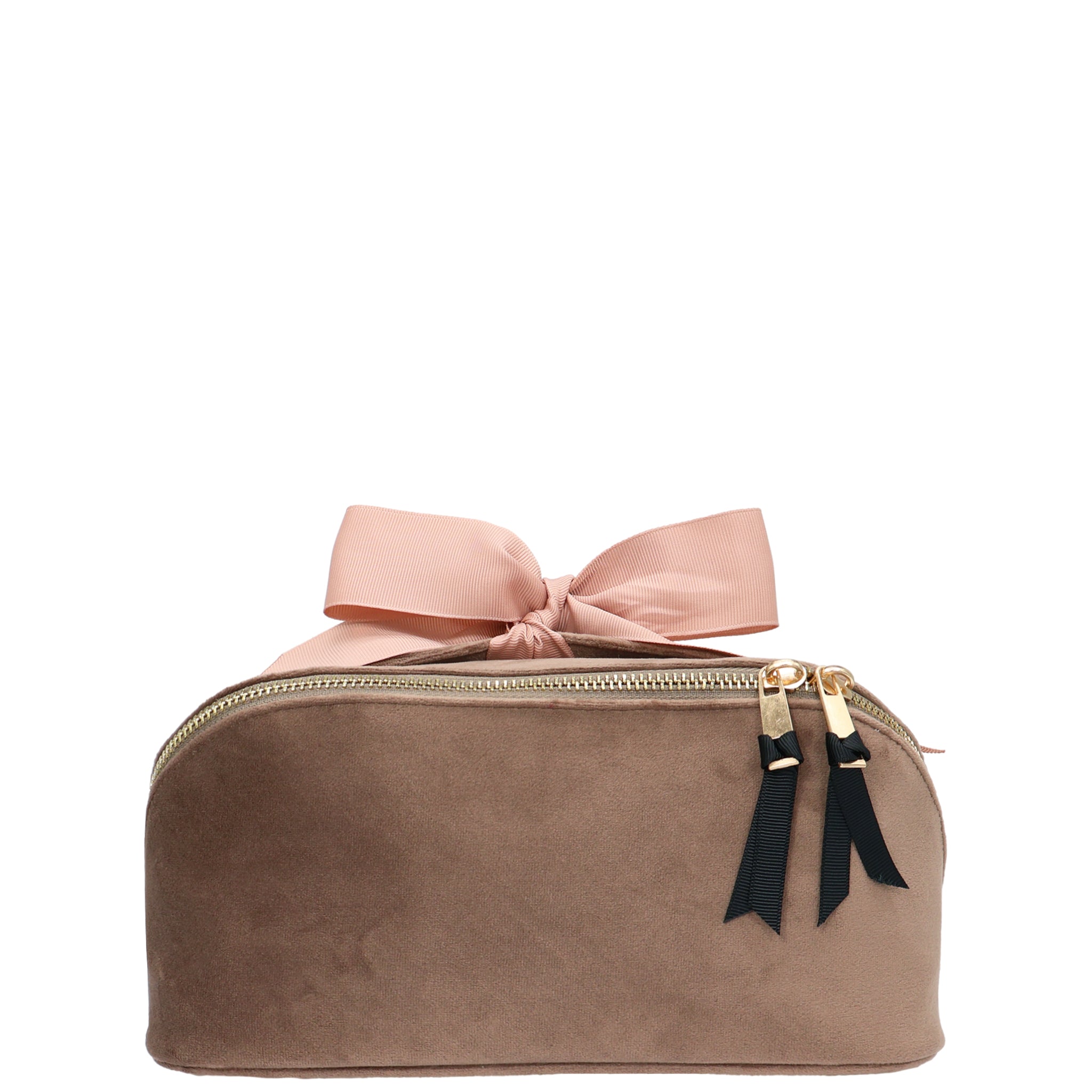 Accordion Box Makeup & Toiletry – Eco Velvet – Latte Taupe by Bag-all, a personalized Paris-designed travel organizer with plush velvet and soft pink bow.