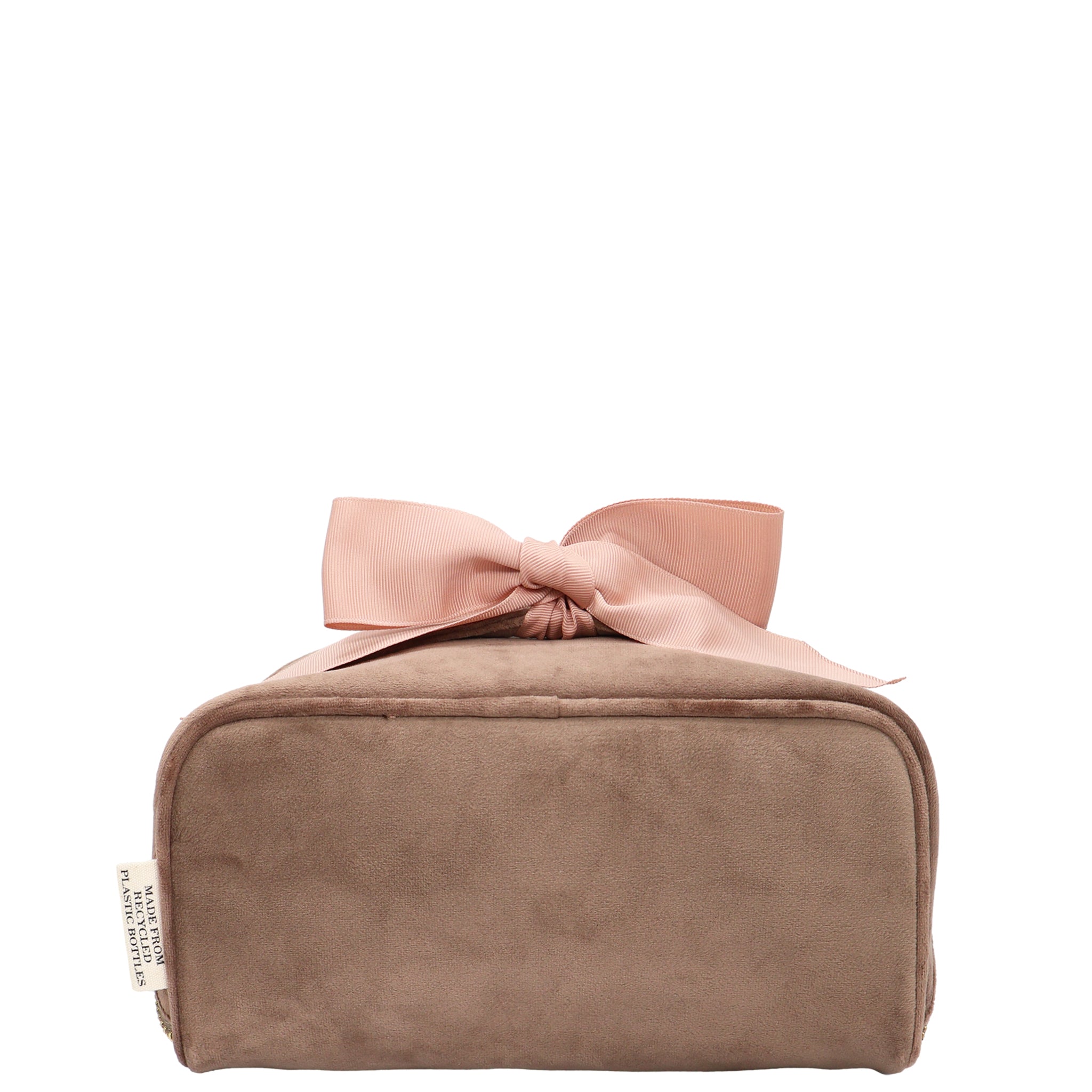 Accordion Box Makeup & Toiletry – Eco Velvet – Latte Taupe, a soft velvet Paris-designed travel organizer with a pink bow for stylish personalized packing.