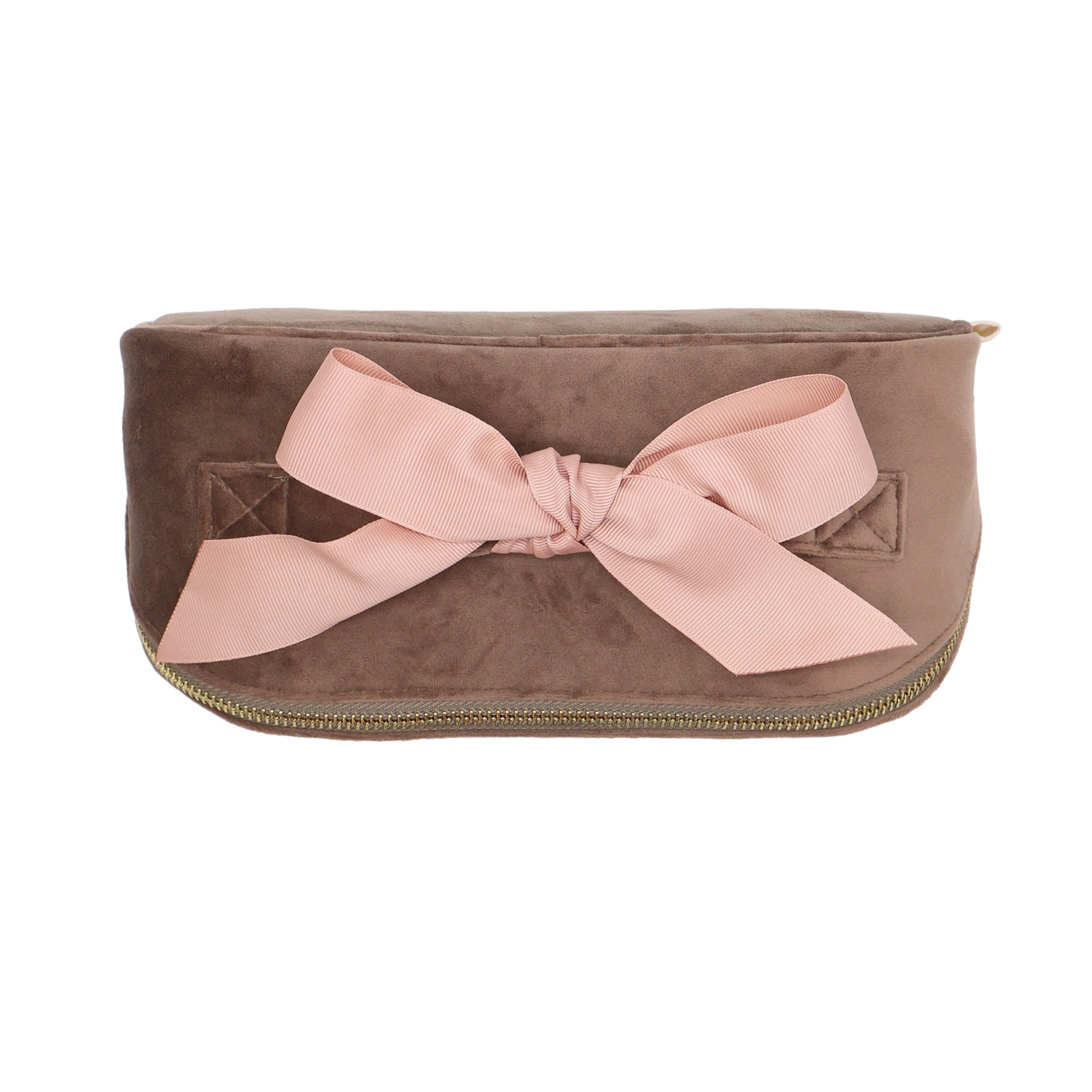 Accordion Box Makeup & Toiletry – Eco Velvet – Latte Taupe, a stylish travel organizer by Bag-all with soft velvet and a delicate pastel pink bow for personalized packing.