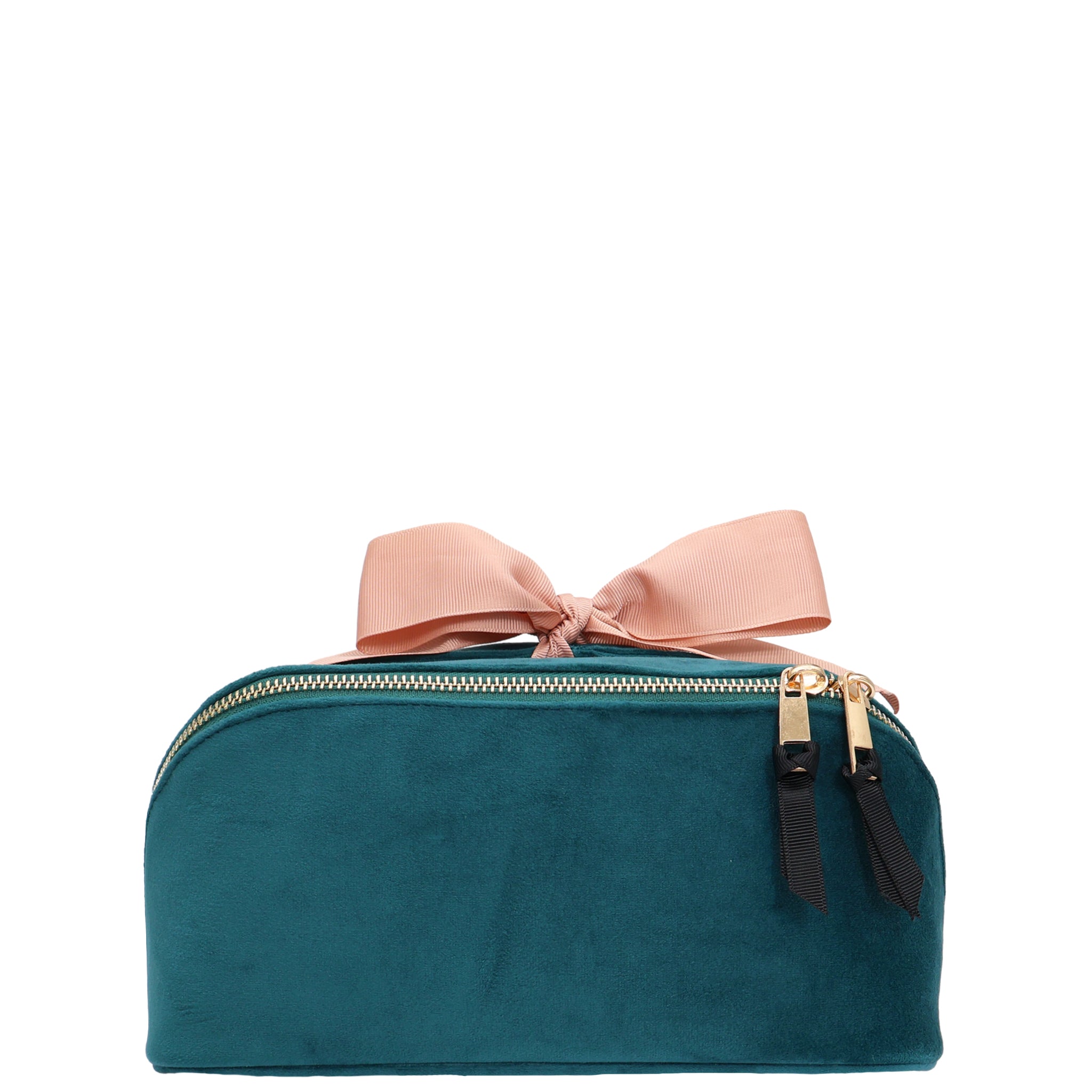 Accordion Box Makeup & Toiletry – Eco Velvet – Aqua Teal with plush velvet, dual zippers, and a soft pink bow for stylish personalized travel organization by Bag-all.