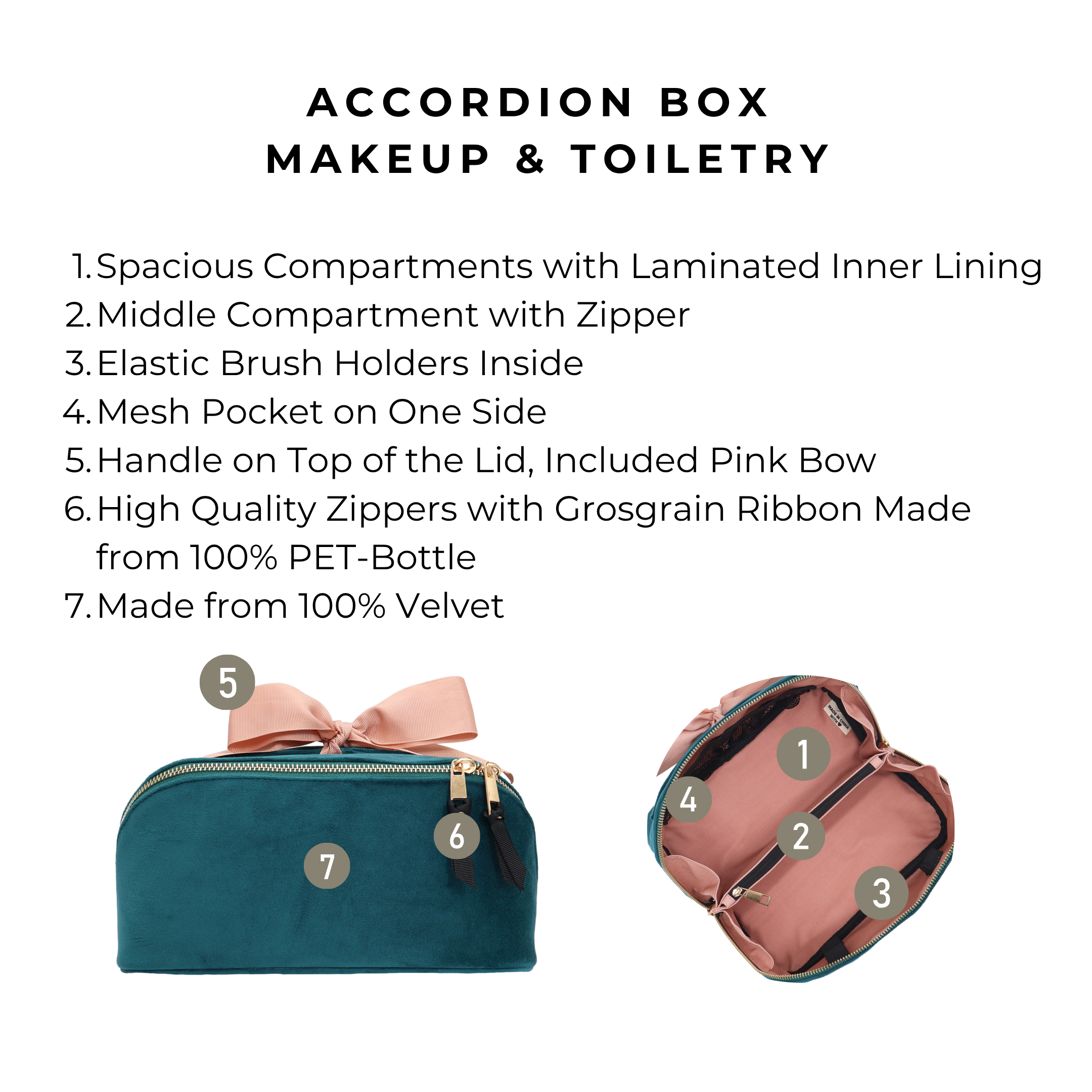 Accordion Box Makeup & Toiletry – Eco Velvet – Aqua Teal with spacious compartments, zippered middle section, elastic brush holders, mesh pocket, and pink bow.