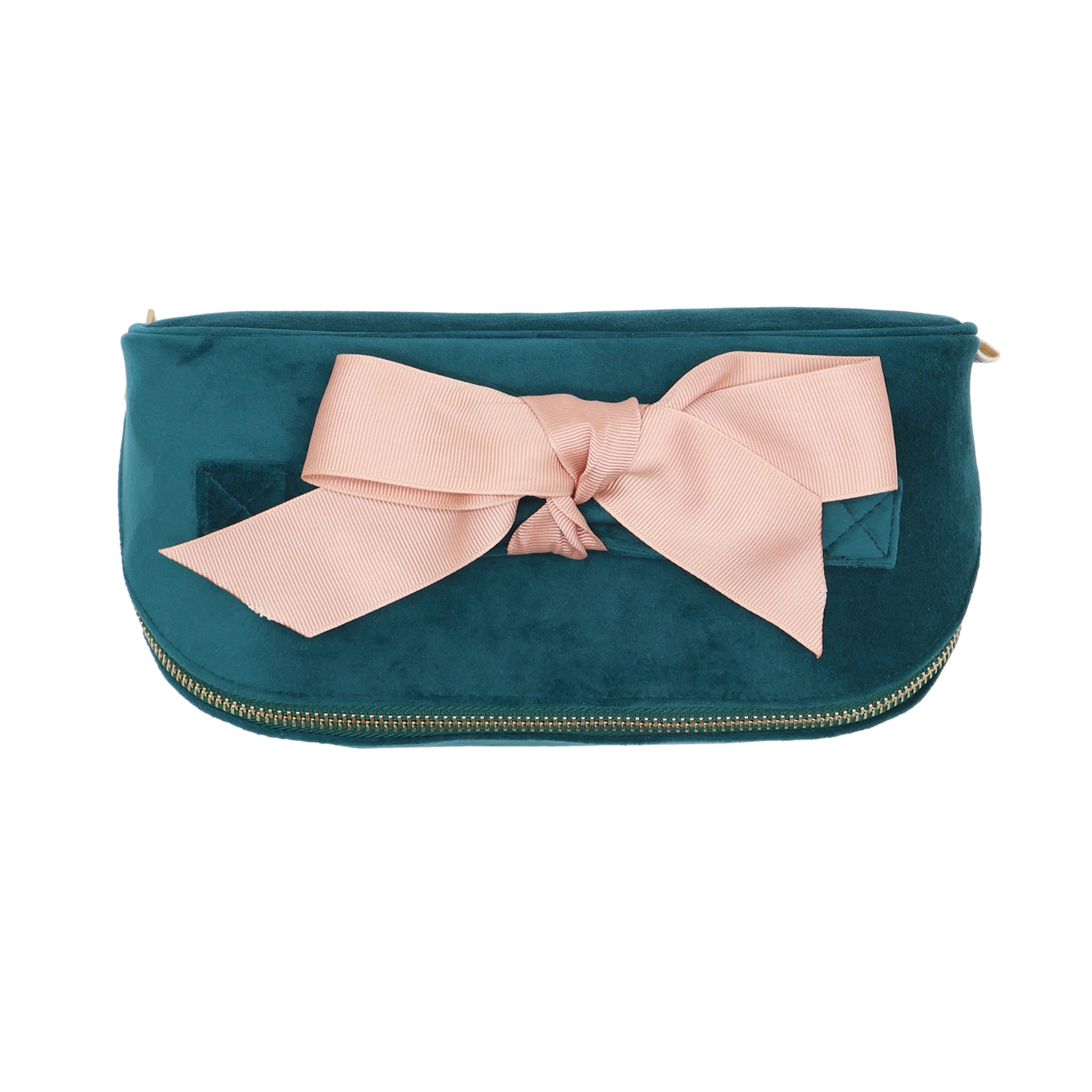 Accordion Box Makeup & Toiletry – Eco Velvet – Aqua Teal with a soft blush bow, perfect for personalized travel organization by Bag-all.
