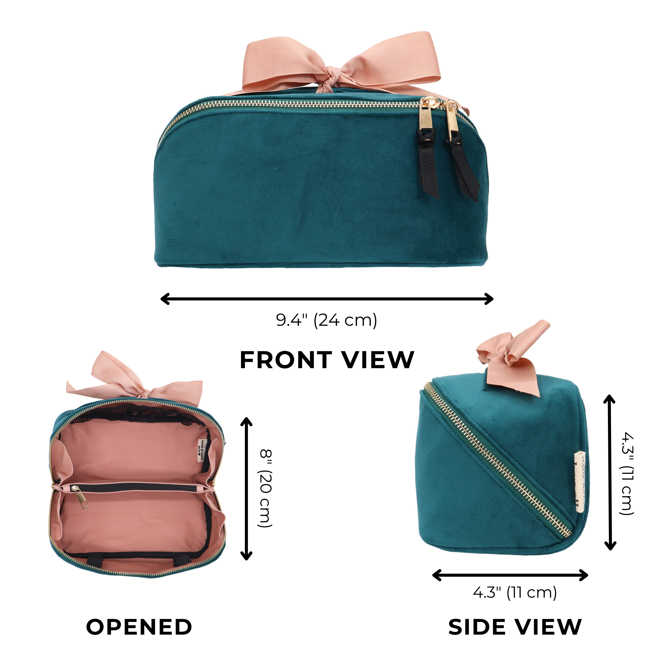 Accordion Box Makeup & Toiletry – Eco Velvet – Aqua Teal by Bag-all, a personalized velvet travel organizer with spacious compartments and a soft pink bow.