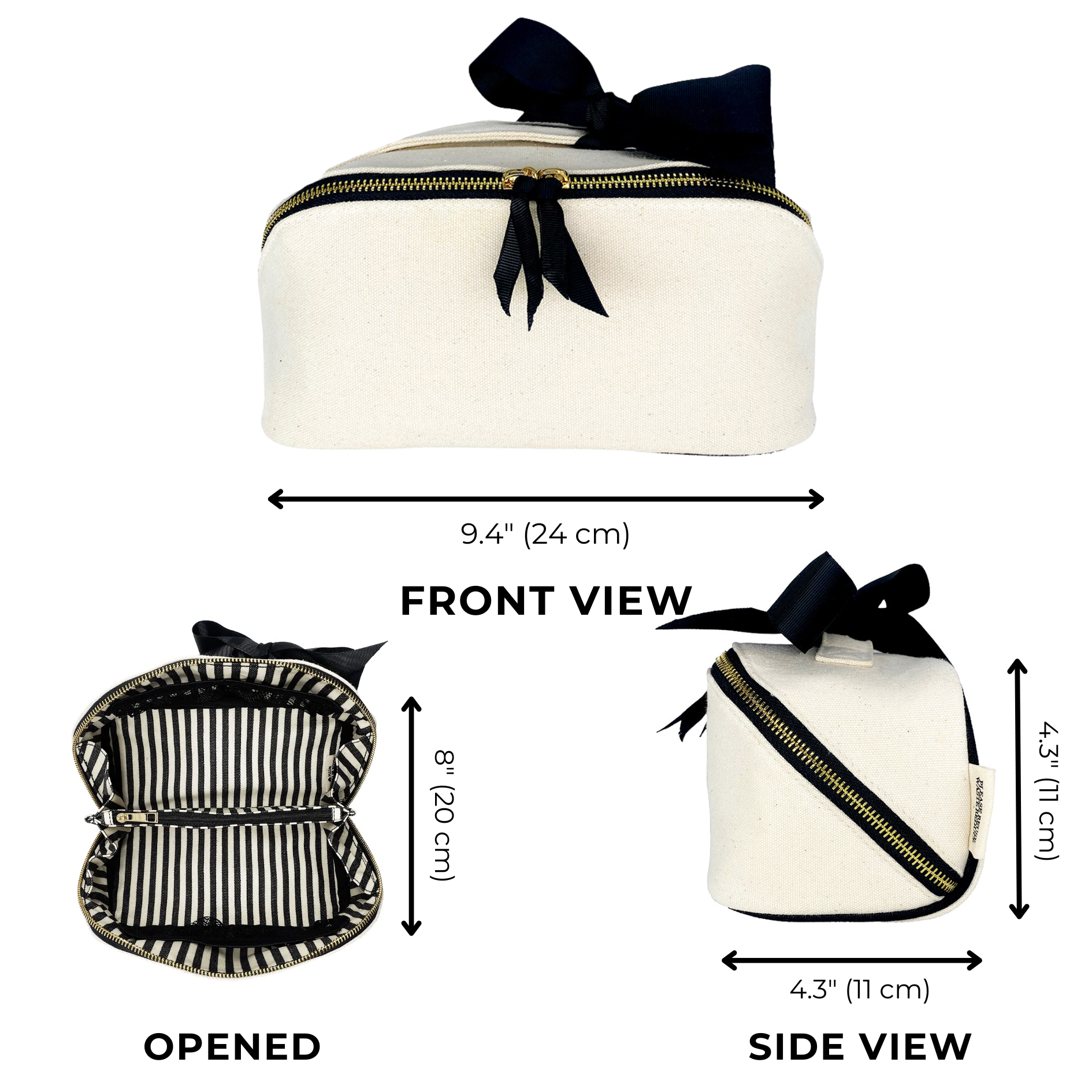 Organizing Makeup Bag, Expandable – Cream by Bag-all with gold zipper, striped interior, and sustainable design.