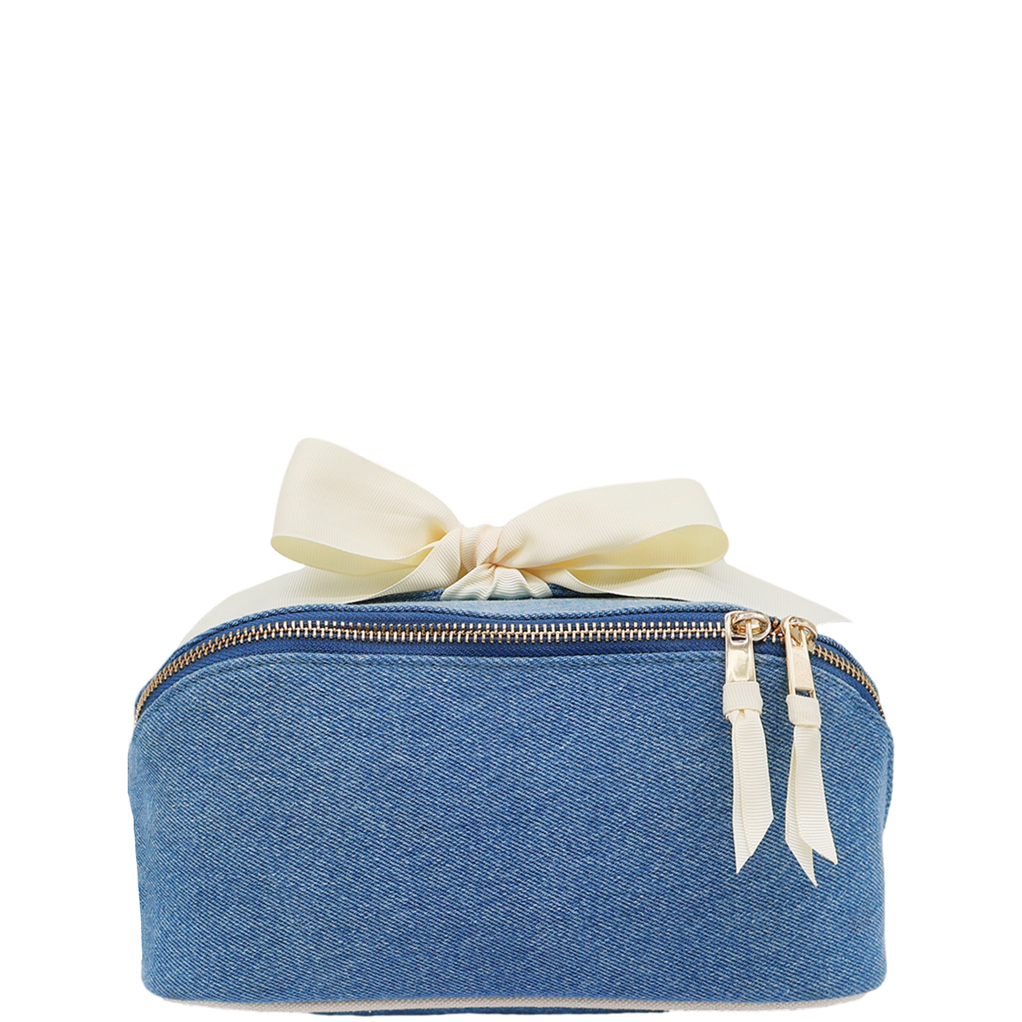 Bag-all expandable organizing makeup bag in denim with gold zipper and cream ribbon detail for stylish storage.
