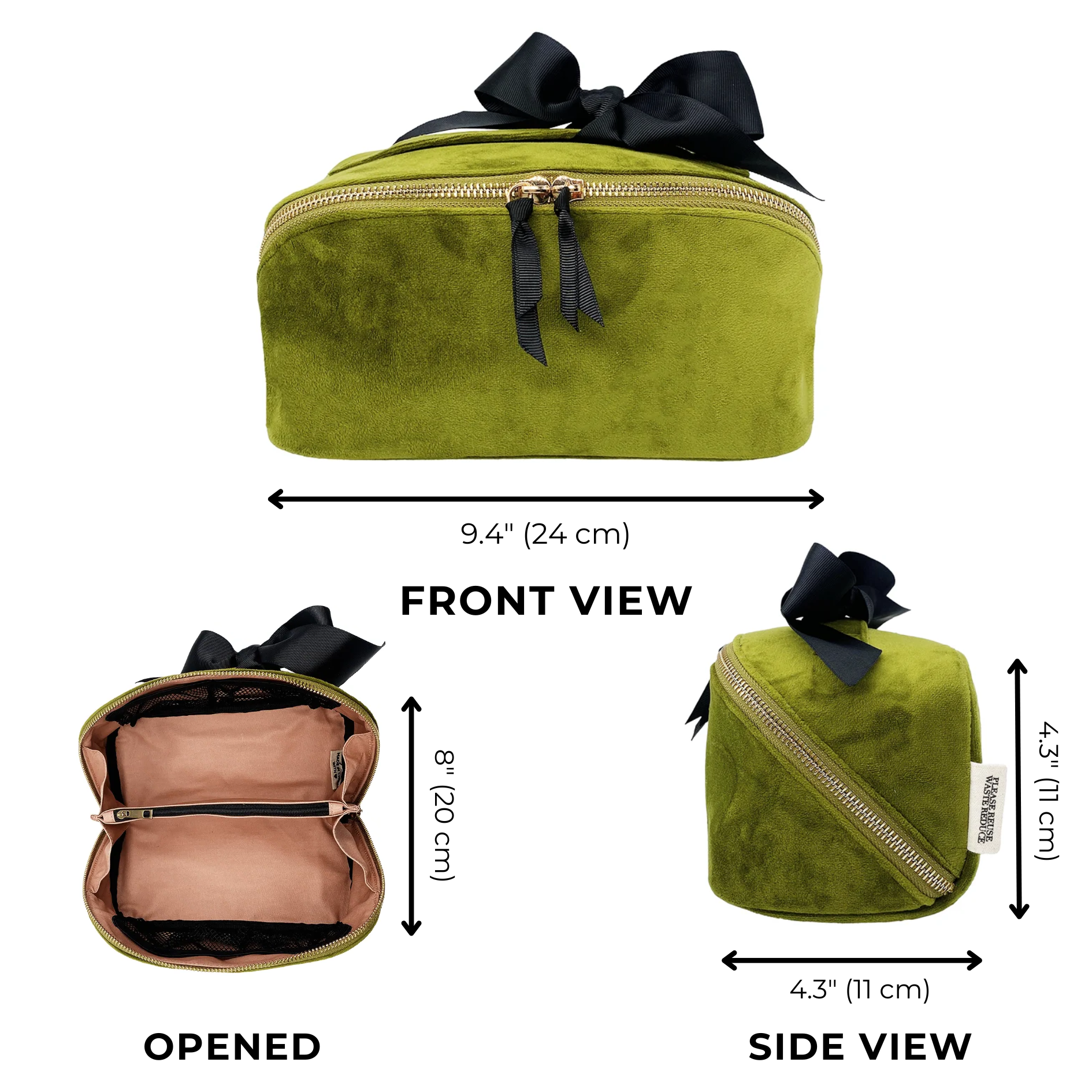 Organizing Makeup Bag, Expandable – Eco Velvet – Green by Bag-all with velvet finish, gold zipper, and spacious compartments for travel or home.