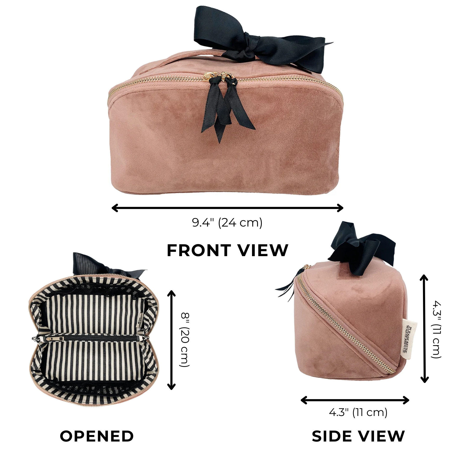 Organizing Makeup Bag, Expandable – Eco Velvet – Pink by Bag-all with gold zipper and striped interior for stylish storage.