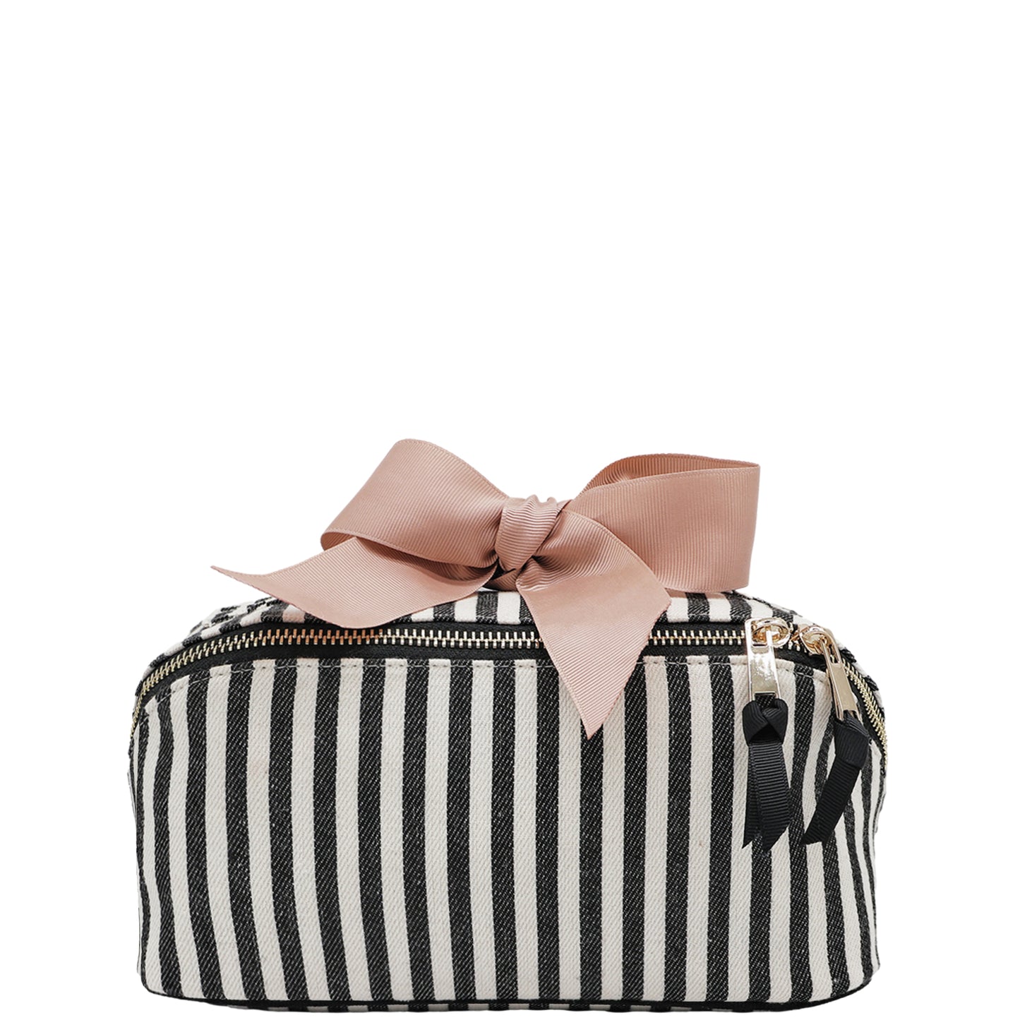 Striped expandable makeup bag with gold zipper and pink bow detail by Bag-all for stylish organization.