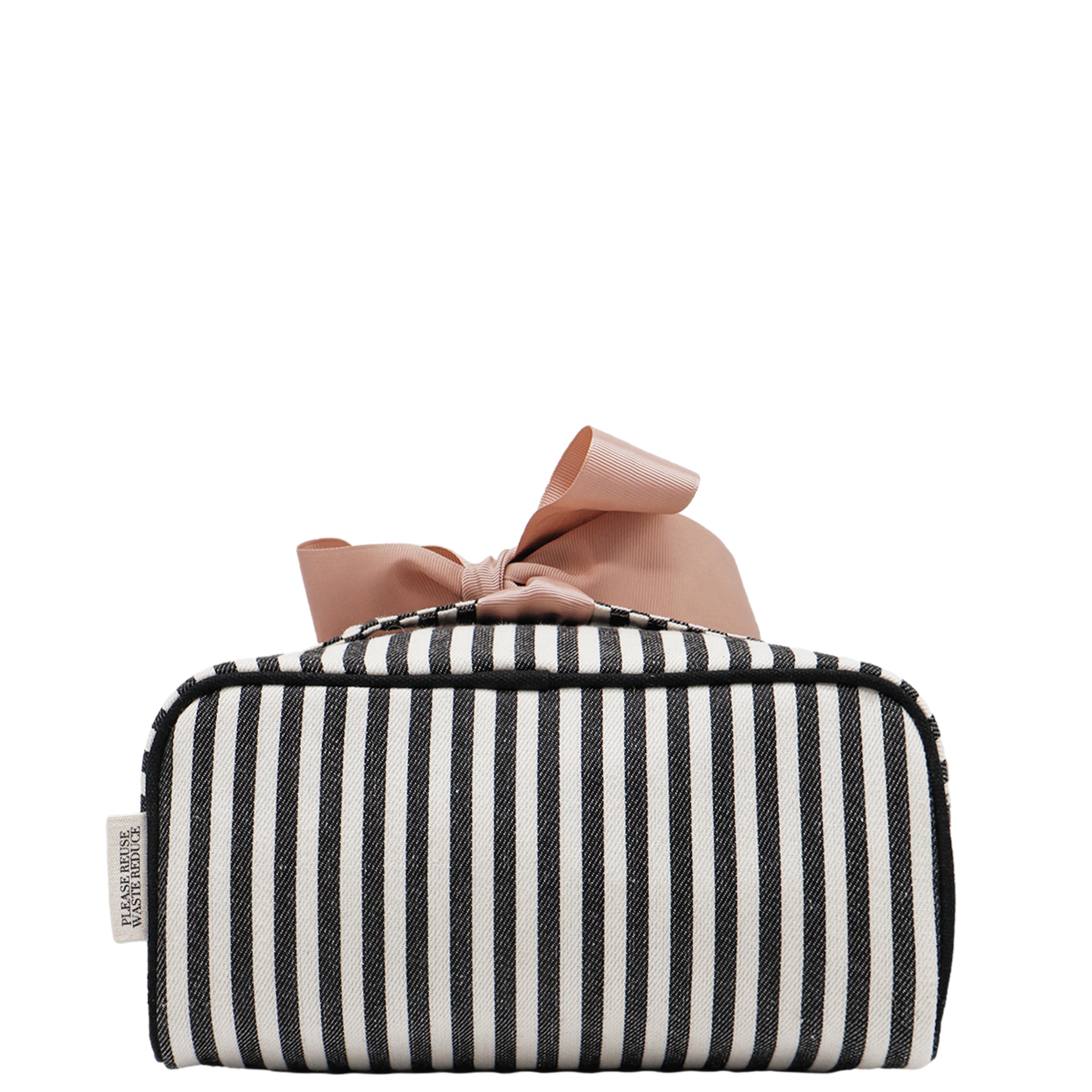 Bag-all expandable striped makeup bag with gold zipper and pink bow, perfect for stylish organization and travel.