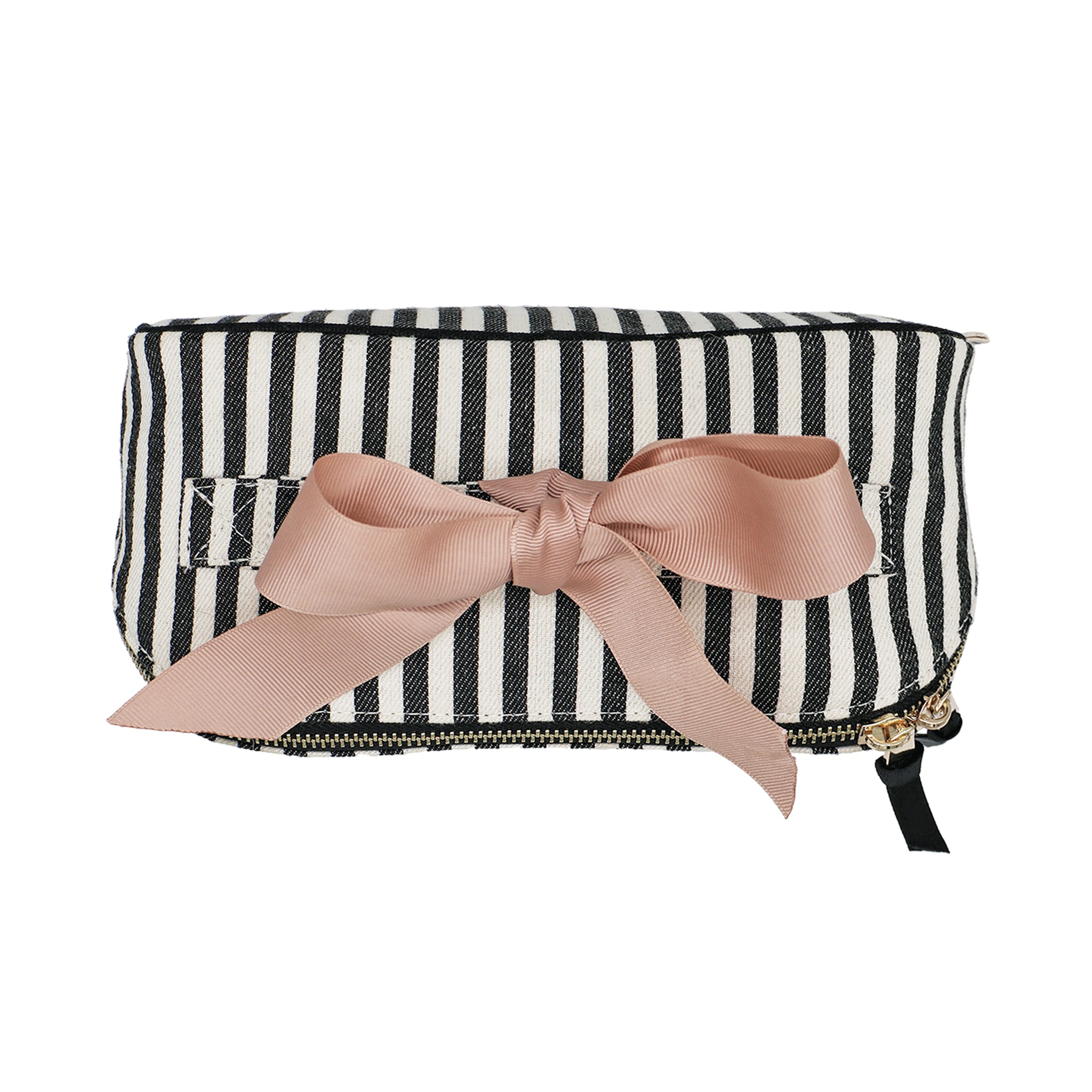 Bag-all expandable makeup bag with black stripes, pink grosgrain ribbon, gold zipper, and durable cotton lining