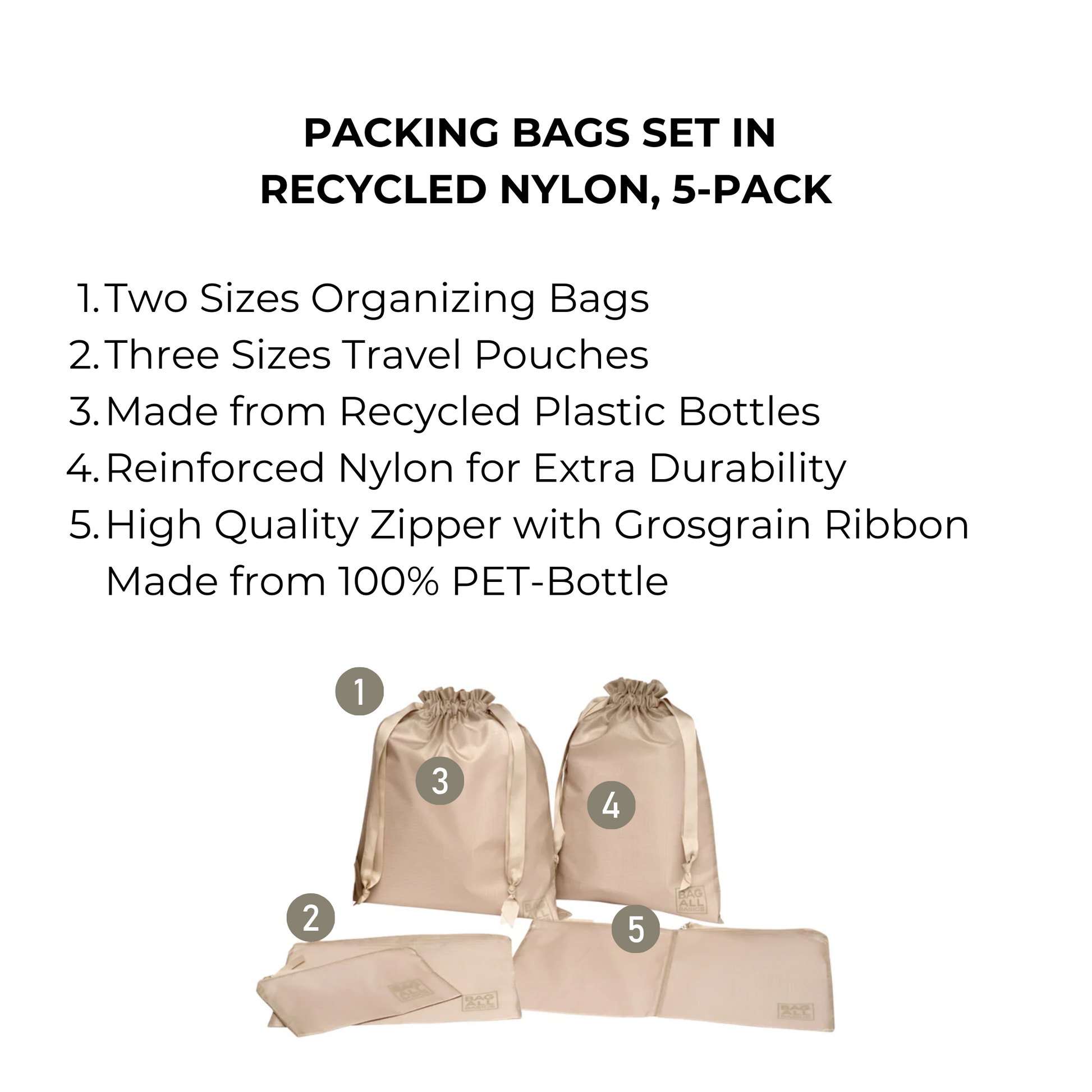 Bag-all Recycled Nylon Packing Bags Set featuring 5 eco-friendly organizers in taupe, made from repurposed plastic bottles with durable zipper closures and drawstring compartments for travel organization