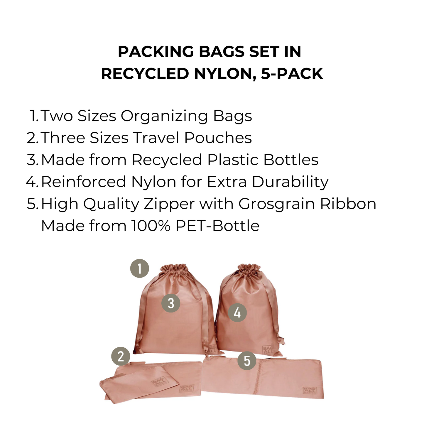 Bag-all Recycled Nylon Packing Bags Set in pink/blush featuring 5 organizational pouches made from recycled plastic bottles, perfect for travel and closet storage