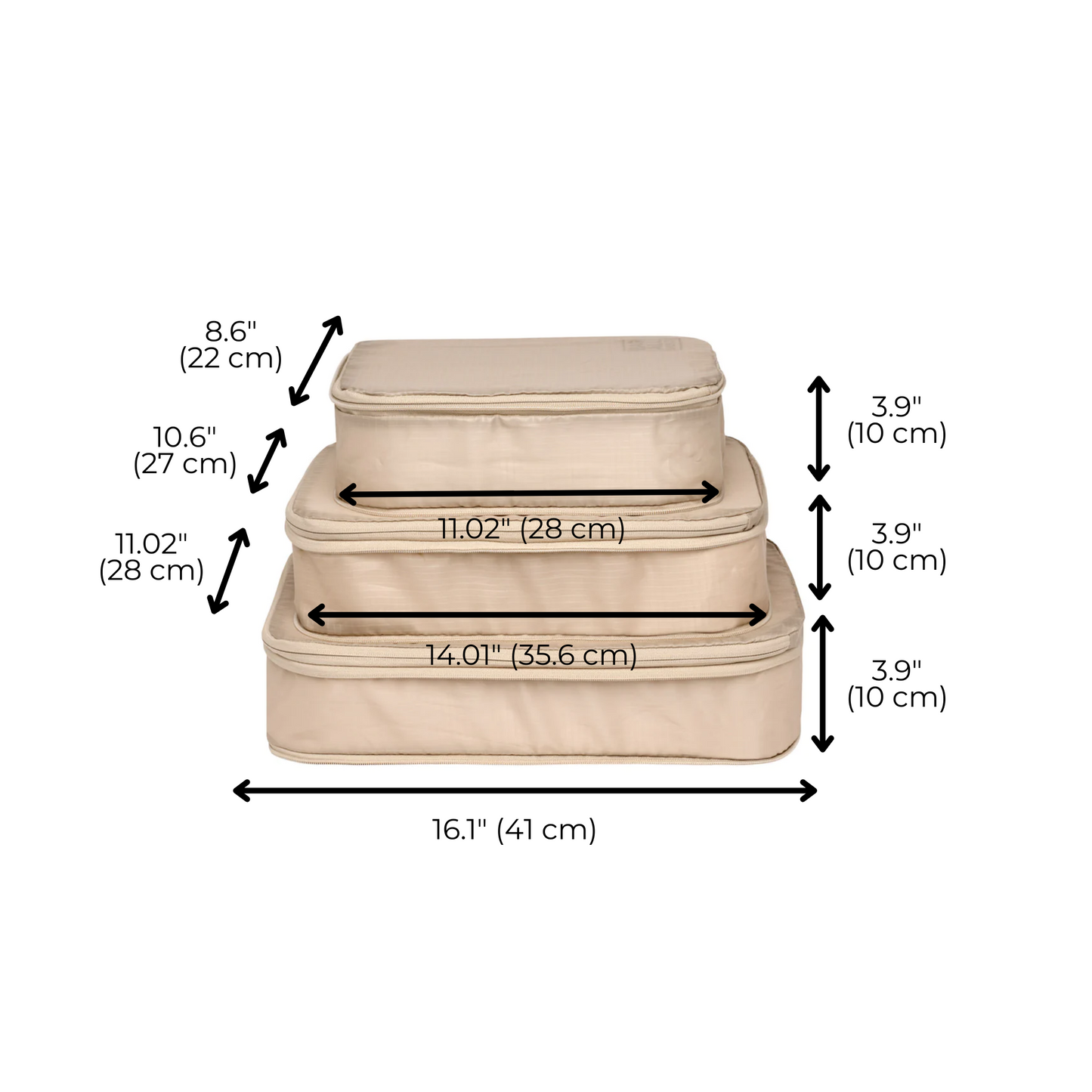 Bag-all Compression Cubes & Packing Bags Set dimensions diagram showing three stacked taupe organizers with measurements ranging from 22-41cm, perfect for efficient travel packing