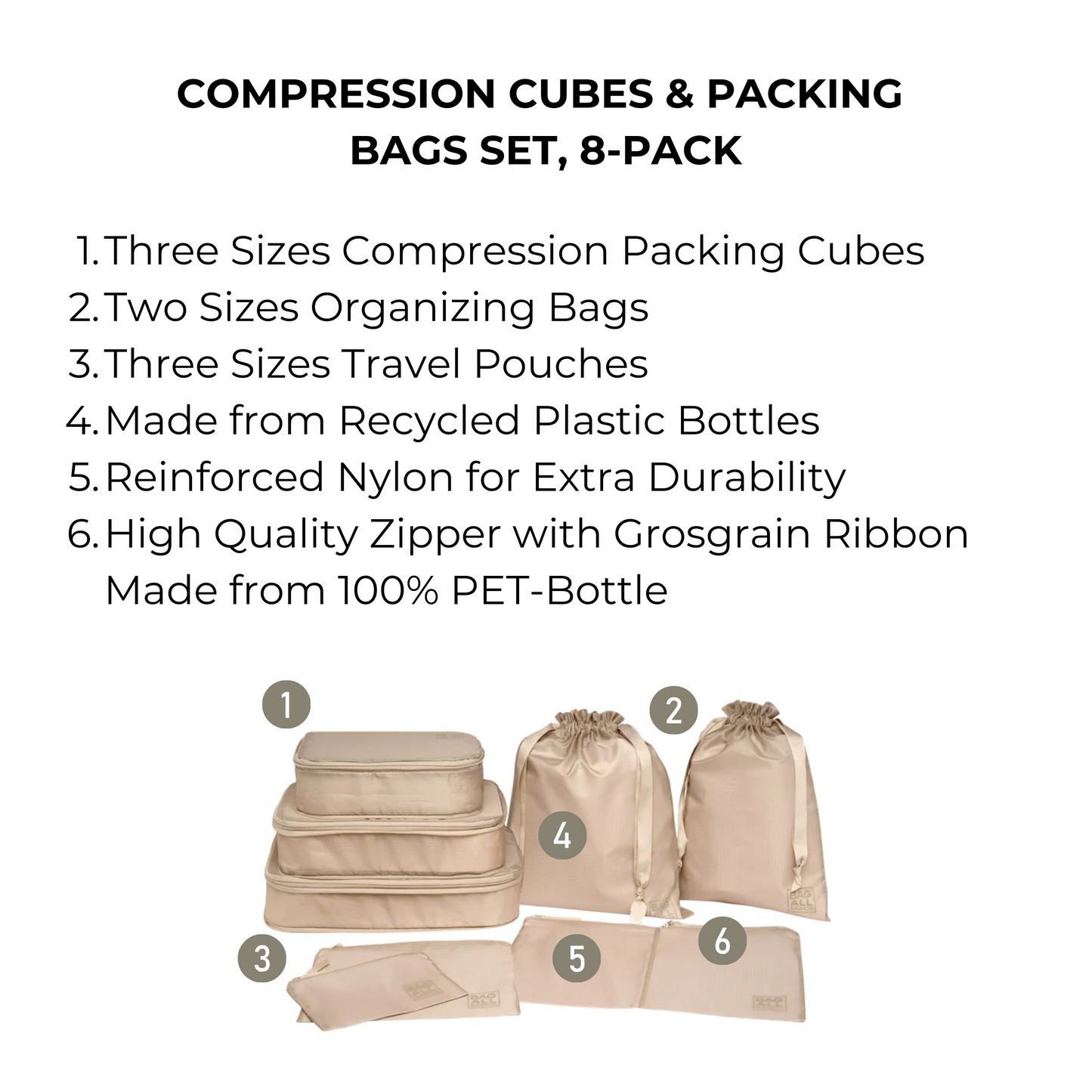 Bag-all Compression Cubes & Packing Bags Set in taupe, featuring 8 eco-friendly pieces: 3 compression cubes, 2 organizing bags, and 3 travel pouches made from recycled nylon with durable zippers