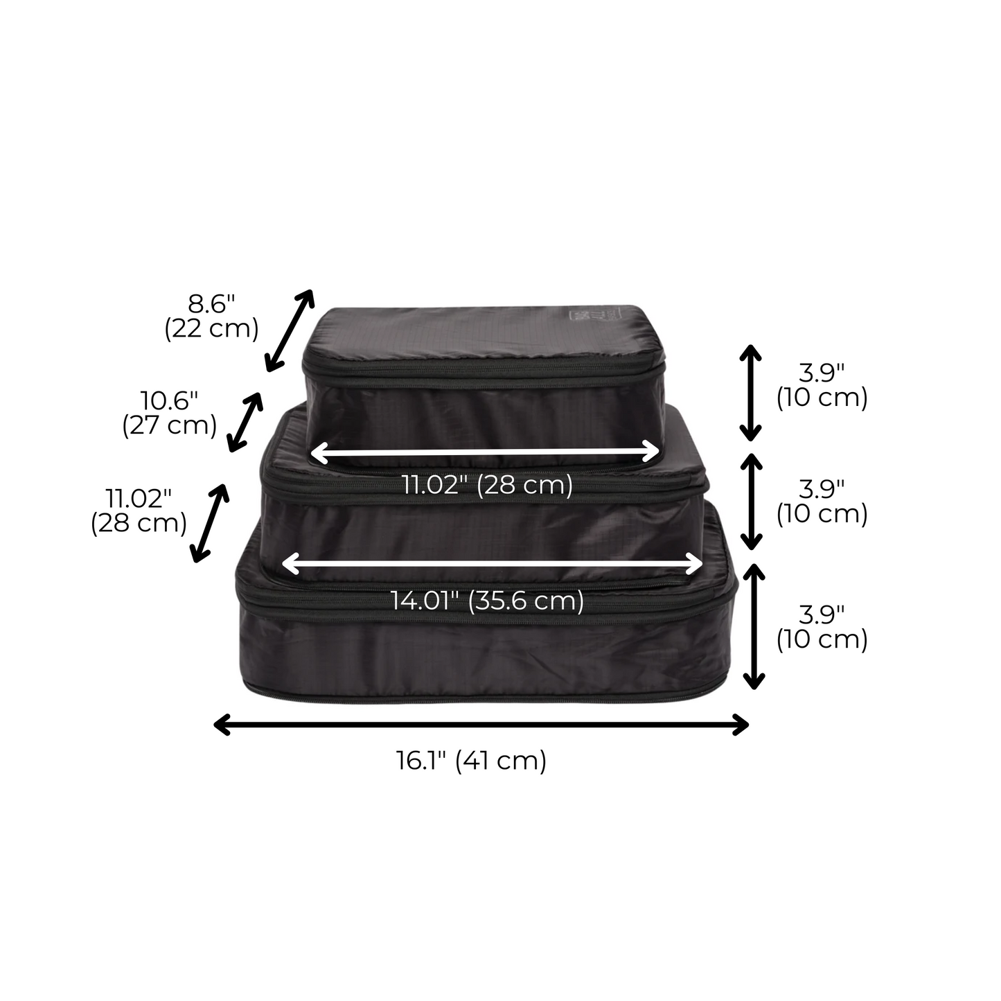 Bag-all Compression Cubes & Packing Bags Set dimensions guide showing three stackable black cubes with measurements in inches and centimeters for travel organization