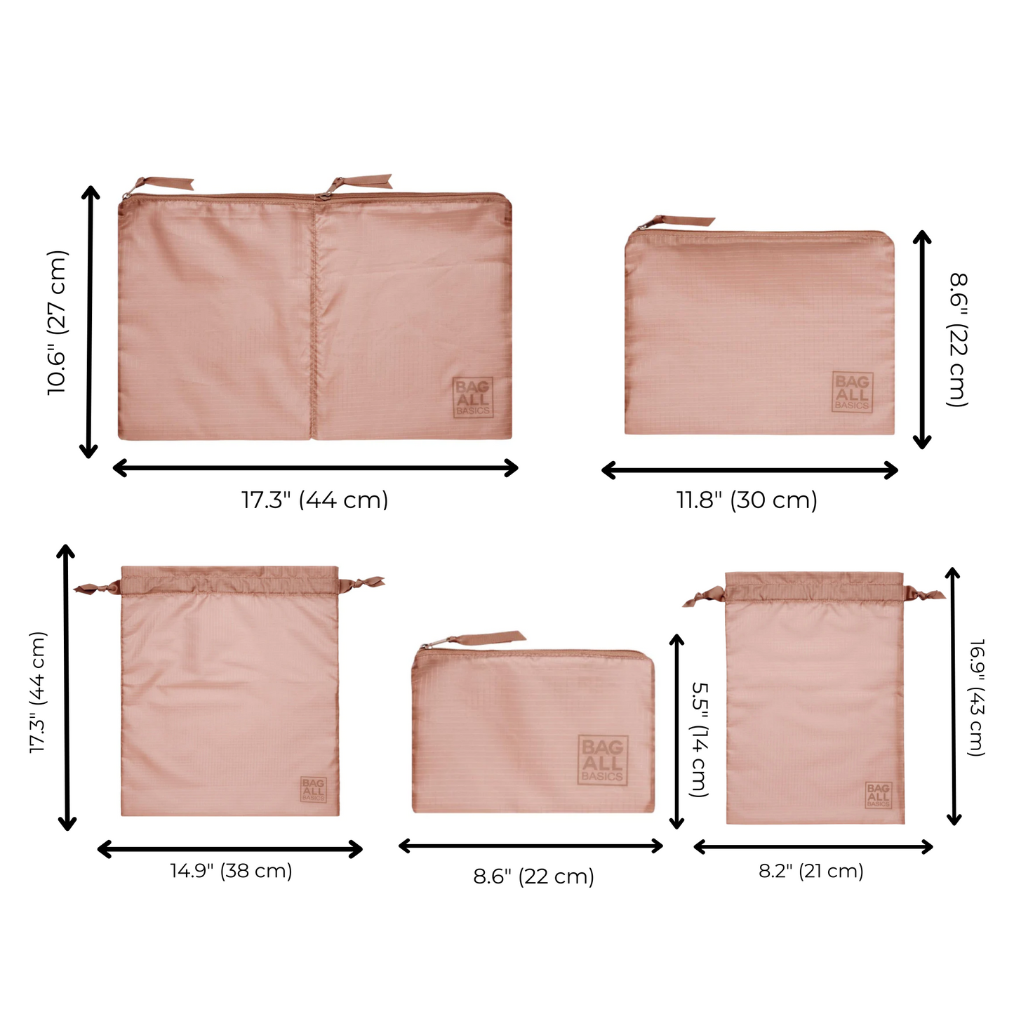 Bag-all Compression Cubes & Packing Bags Set in Pink/Blush featuring 8 eco-friendly travel organizers with dimensions, made from recycled nylon for sustainable packing