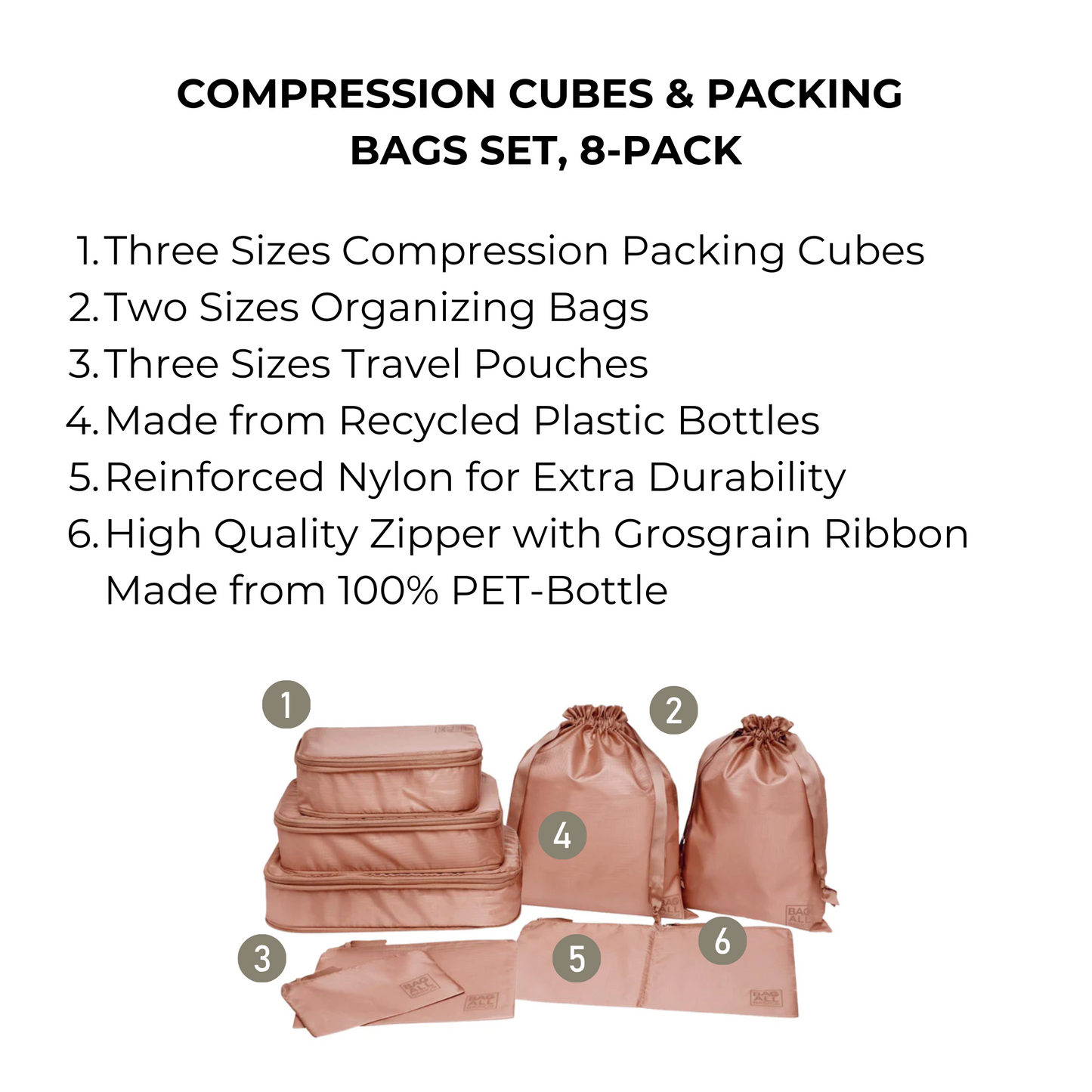 Bag-all Pink Compression Cubes & Packing Bags Set featuring 8 eco-friendly travel organizers: 3 compression cubes, 2 organizing bags, 3 pouches made from recycled nylon with durable zippers