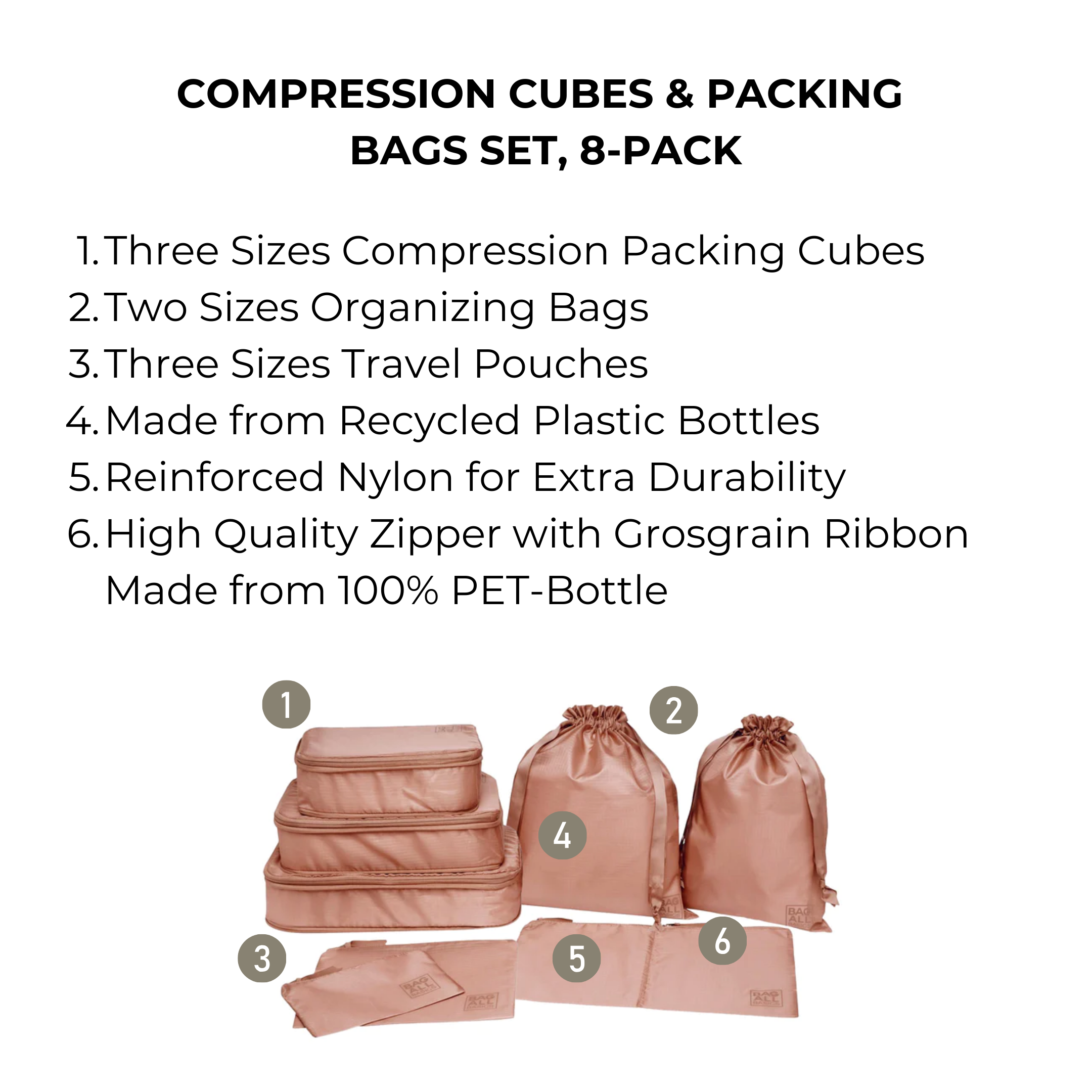 Bag-all Pink Compression Cubes & Packing Bags Set featuring 8 eco-friendly travel organizers: 3 compression cubes, 2 organizing bags, 3 pouches made from recycled nylon with durable zippers