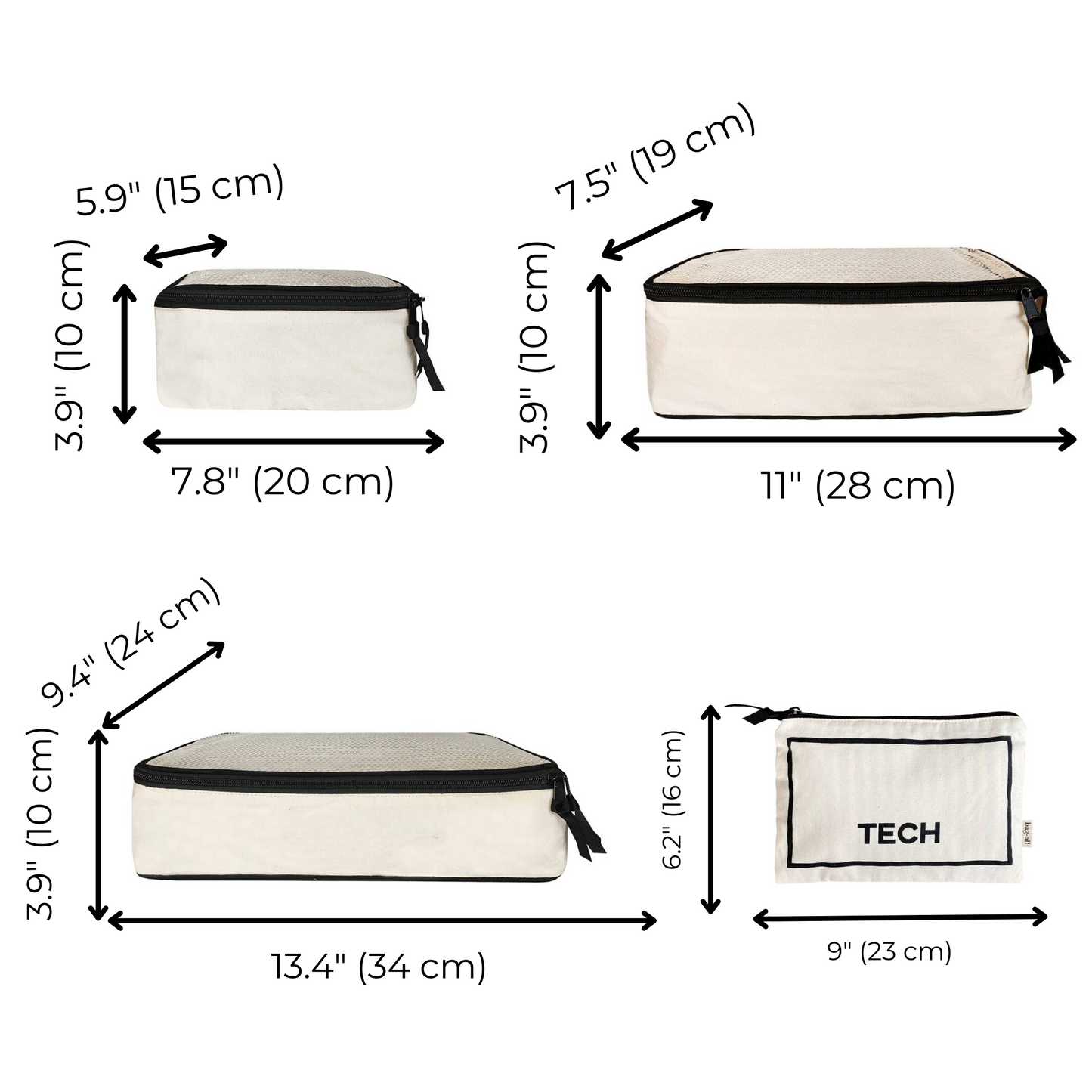 Bag-all organizer cases size comparison - Four canvas tech pouches in different dimensions, featuring black trim and zipper closure, measurements displayed in inches and centimeters