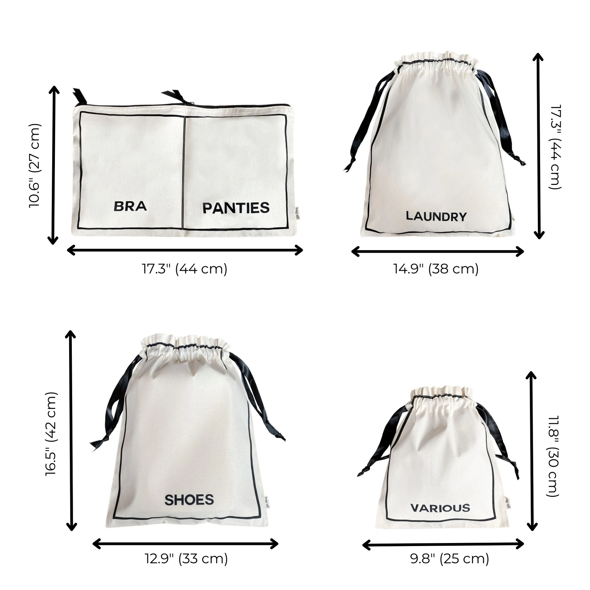 Bag-all organizer set featuring labeled compartment bags - bra and panties separator, laundry bag, shoes bag, and various items bag with dimensions and drawstring closures