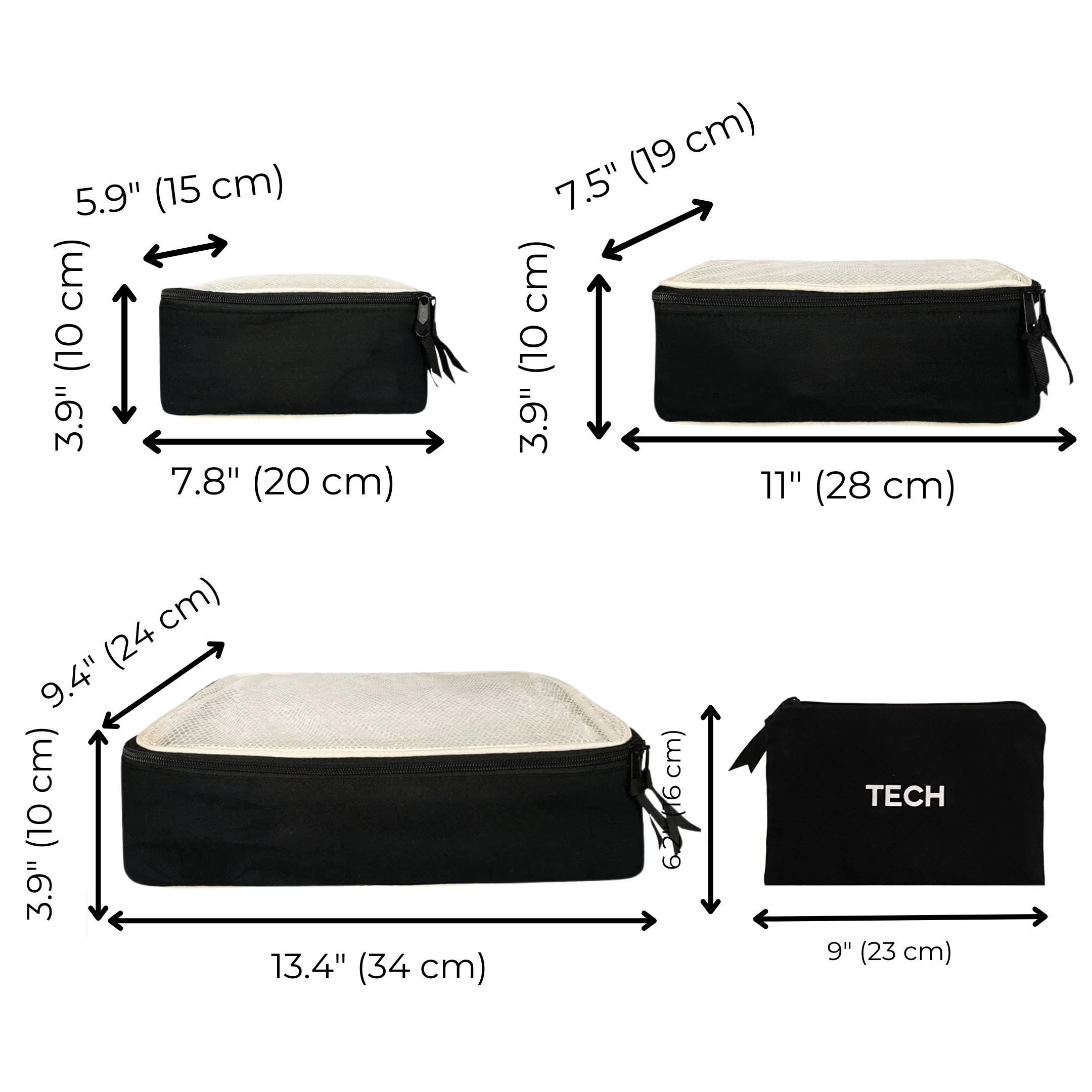 Bag-all black travel organizer bags with measurements - small tech pouch 9", medium toiletry case 11", large cosmetic bag 13.4", and compact accessory pouch 7.8" with clear dimensions in inches and centimeters