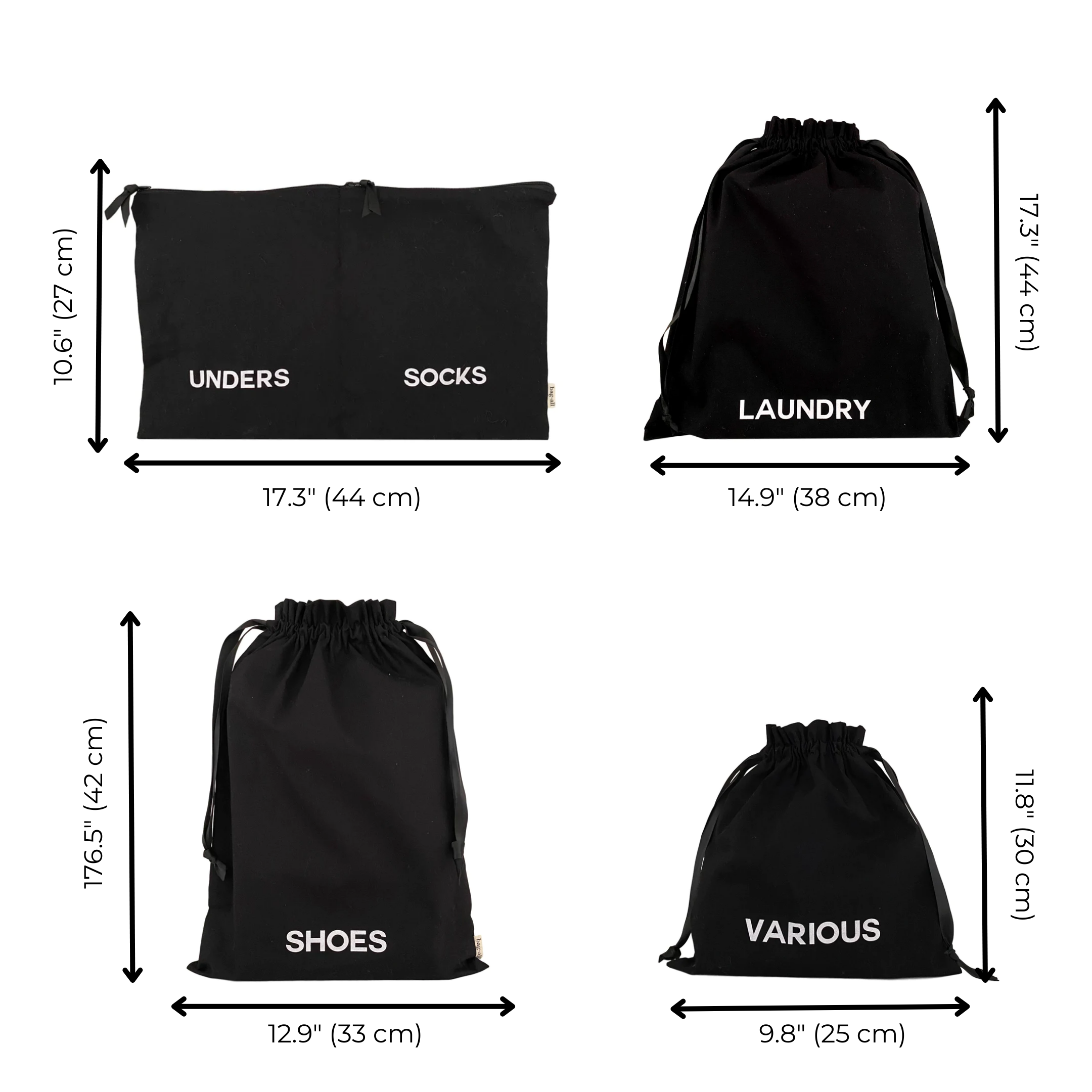 Bag-all organizational travel bags set in black featuring Unders & Socks flat case, Laundry, Shoes, and Various drawstring bags with size dimensions. Perfect for sorted packing and travel organization.