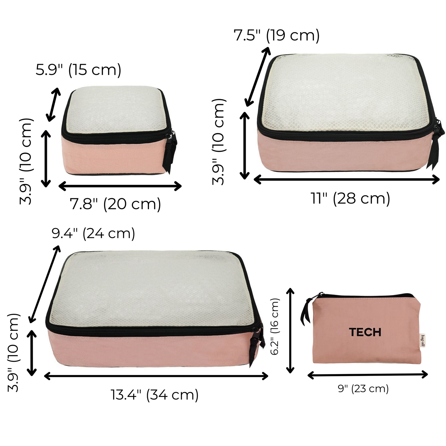 Bag-all Travel Organizer Set in blush pink with black trim, featuring three quilted packing cubes in varying sizes and a tech pouch, perfect for organized travel storage and packing