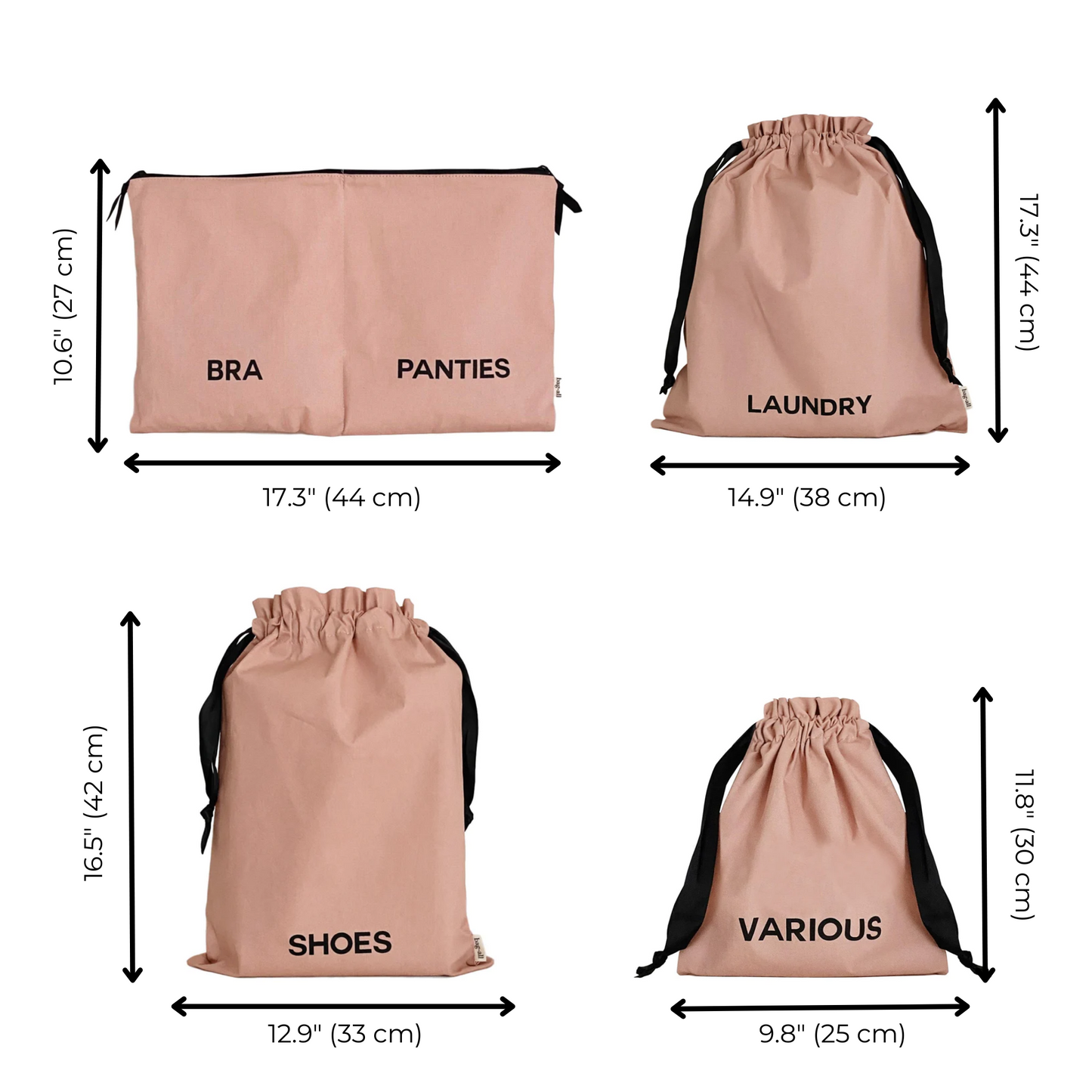 Bag-all organizational travel pouches in blush pink - set of 4 storage bags for bra/panties, laundry, shoes, and various items with dimensions and drawstring closure