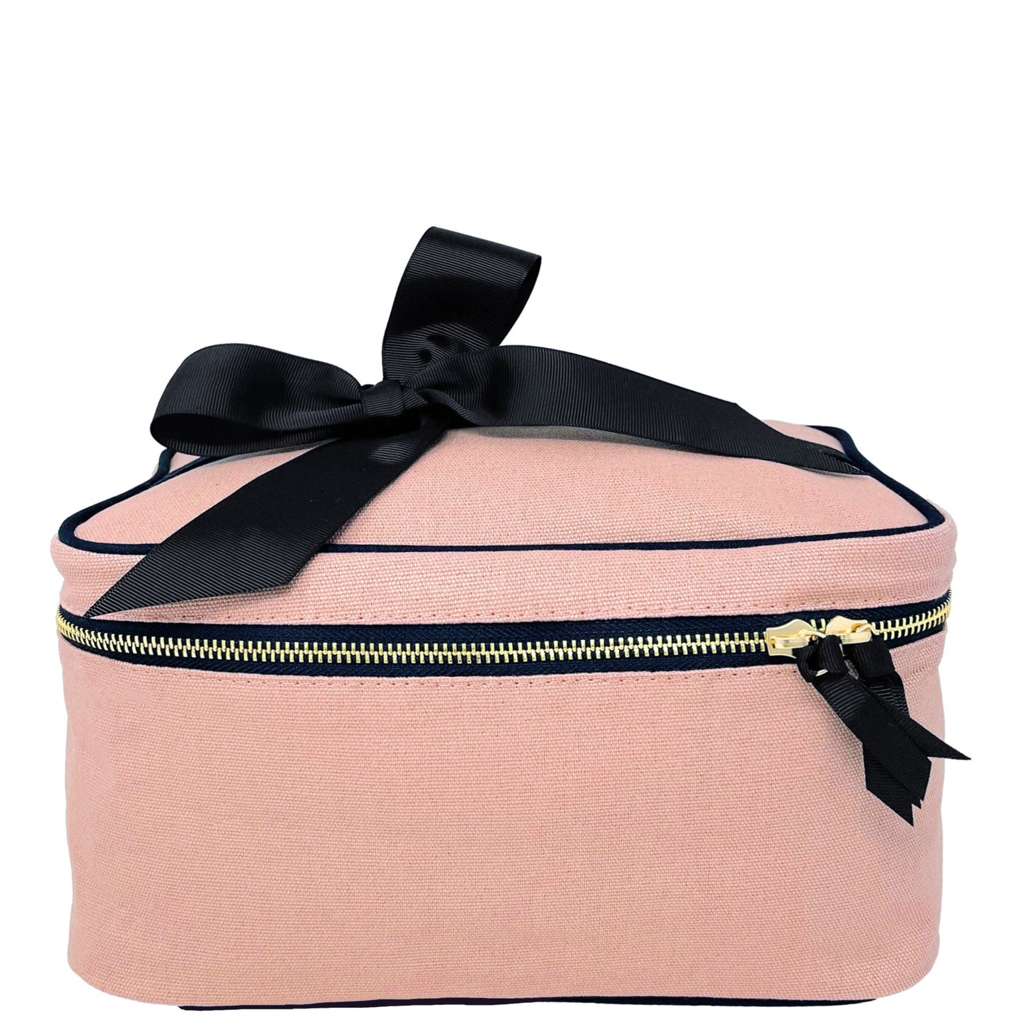 Bag-all Medium Box Makeup & Toiletry in blush pink cotton with black bow, gold zipper, and striped interior lining - perfect for travel organization and storage