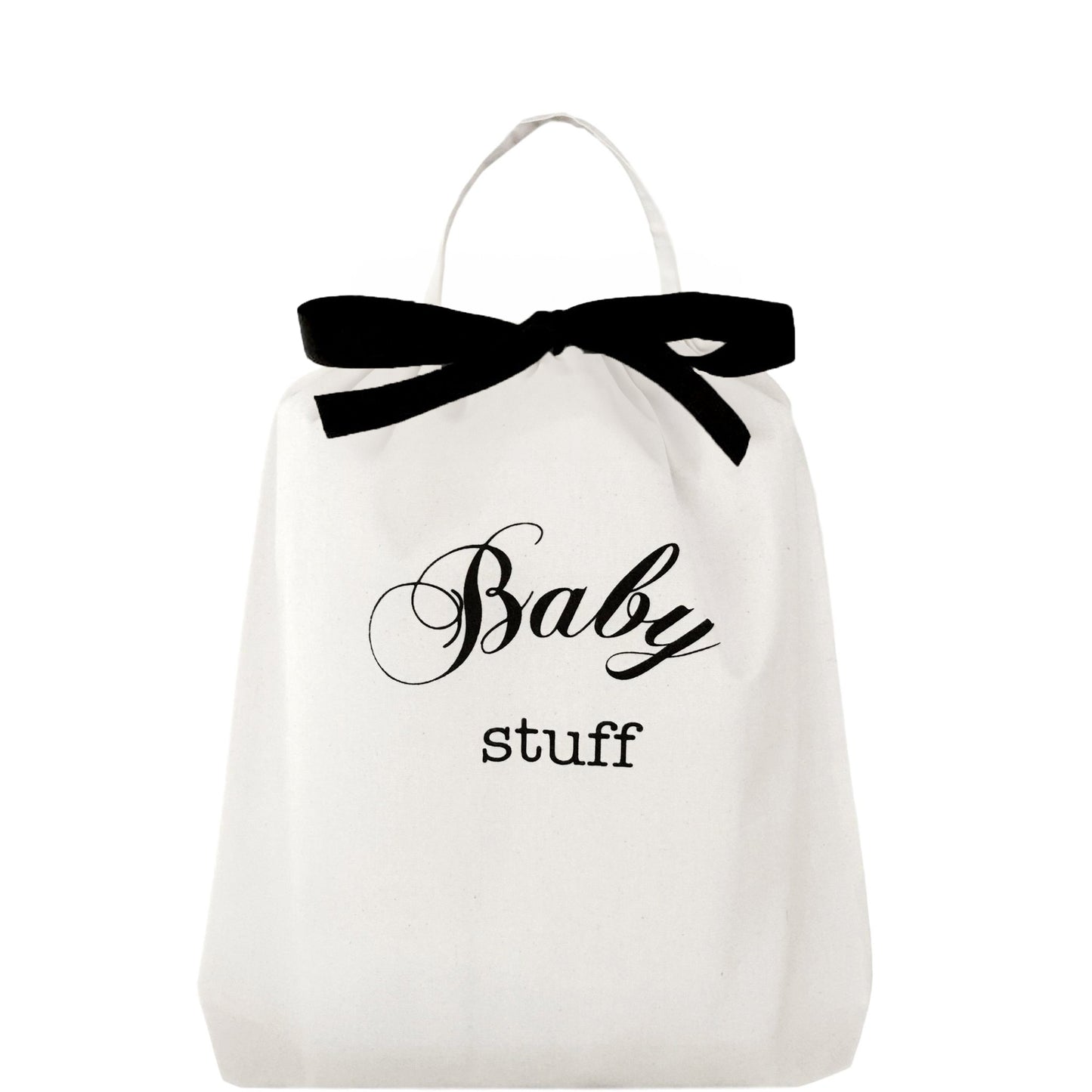 Bag-all white cotton Baby Stuff organizing bag with elegant black bow and script lettering, perfect for storing infant essentials
