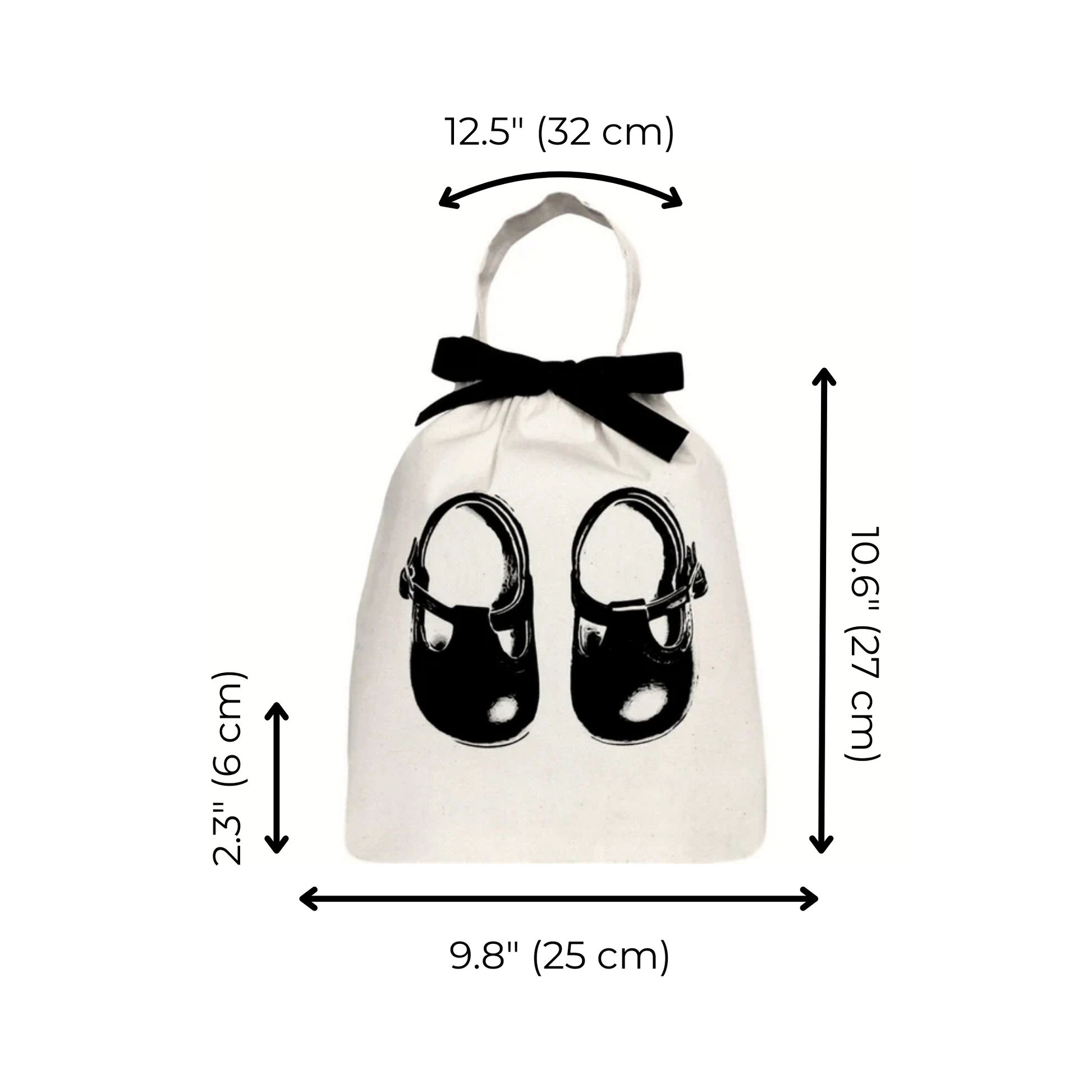 Bag-all cotton organizing bag with black baby shoes design and bow detail, featuring dimensions 12.5" x 10.6" x 9.8", perfect for storing infant footwear and accessories.