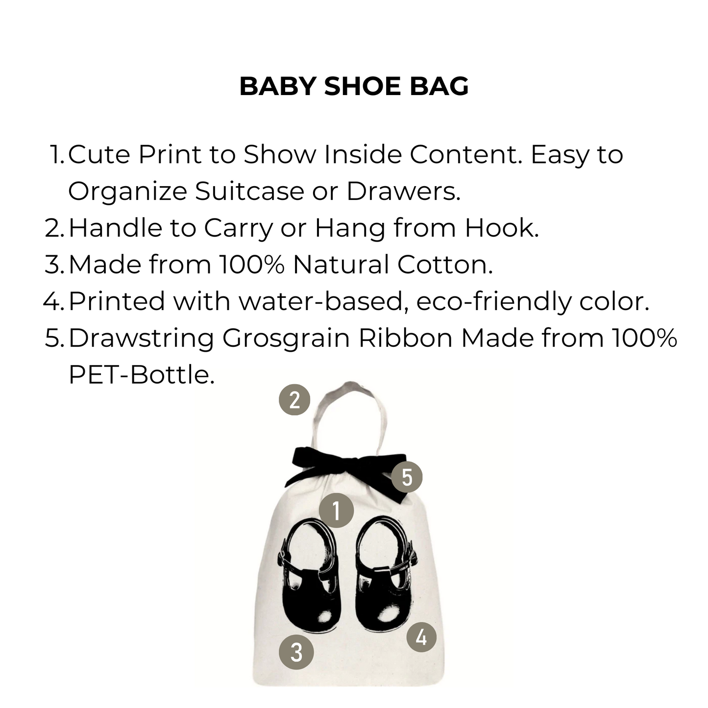 Bag-all Baby Shoe Bag - Eco-friendly cotton organizer with cute black shoe print, recycled PET ribbon drawstring, perfect for travel and storage