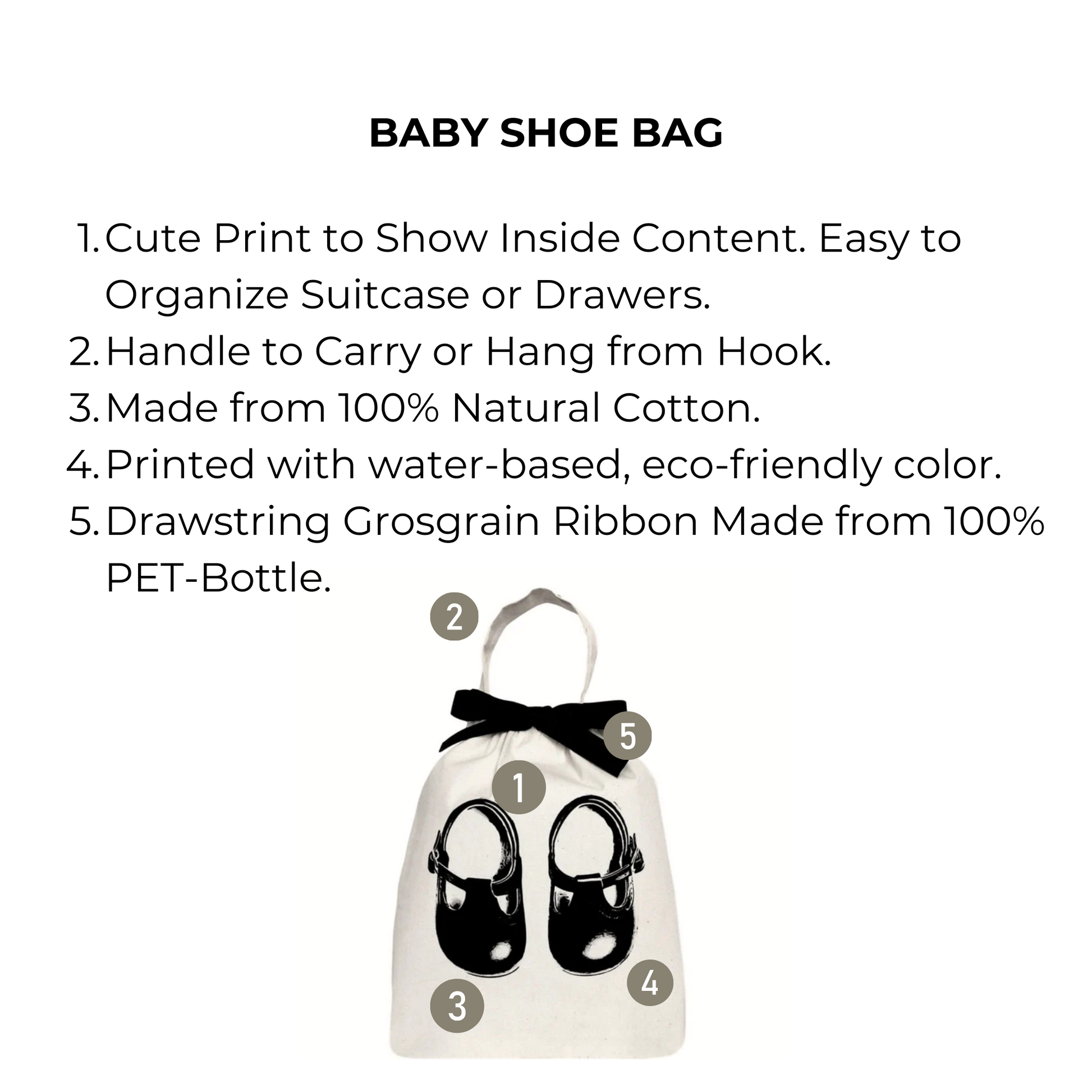 Bag-all Baby Shoe Bag - Eco-friendly cotton organizer with cute black shoe print, recycled PET ribbon drawstring, perfect for travel and storage