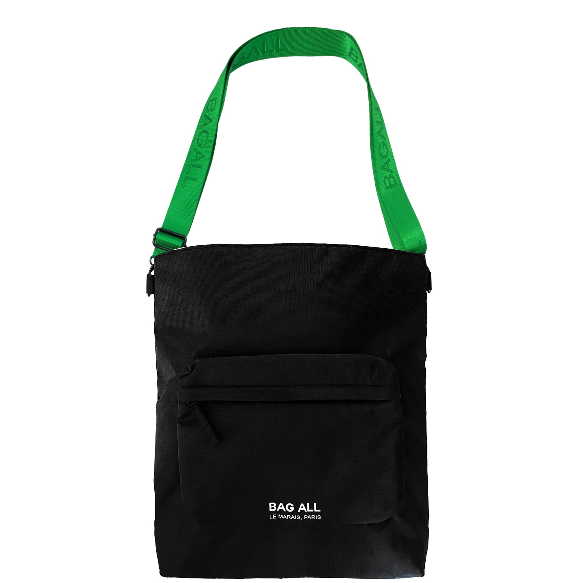 Black Bag-all laptop tote bag with green adjustable strap and front zip pocket for easy carrying and storage
