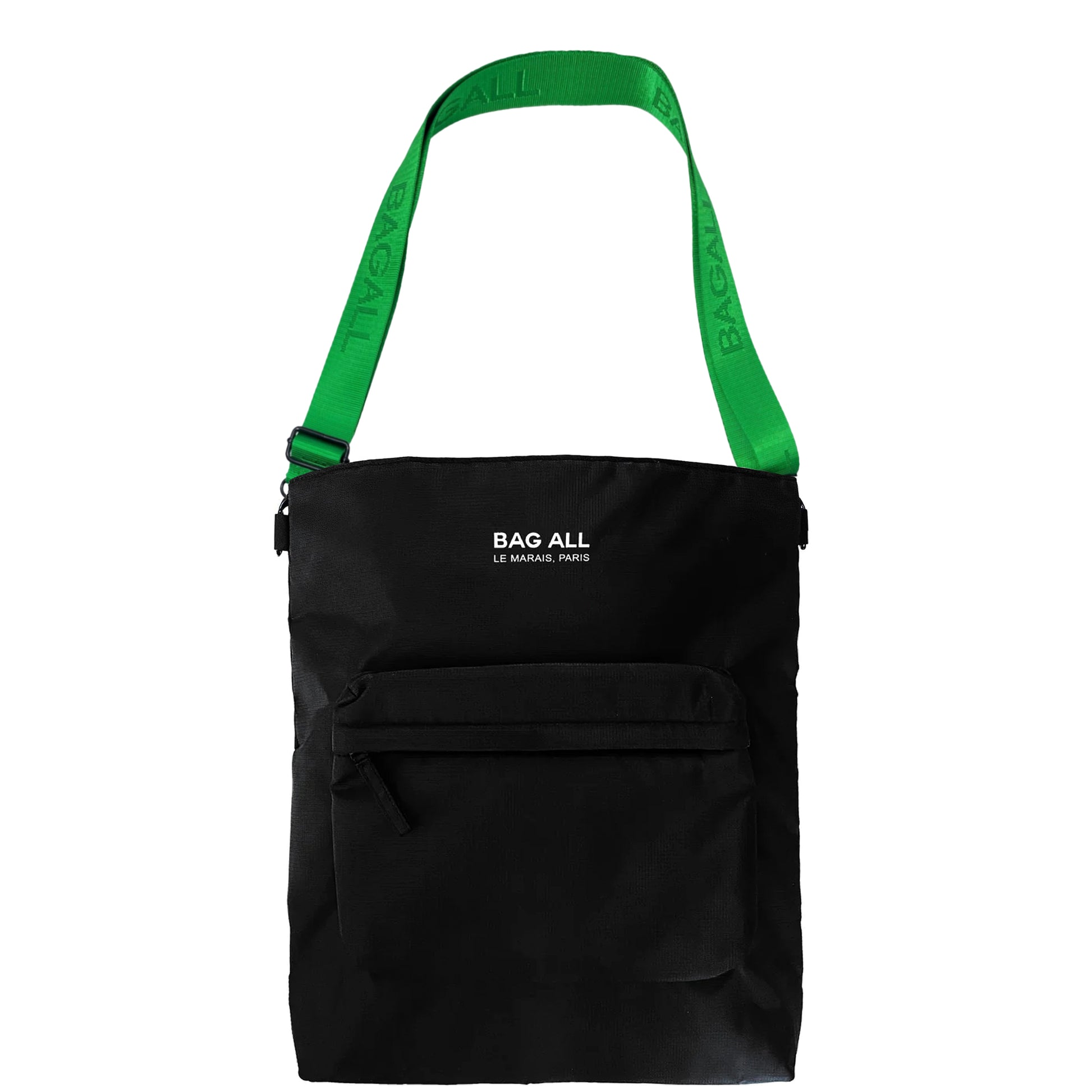 Black Bag-all laptop tote bag with vibrant green adjustable shoulder strap for stylish, practical everyday use