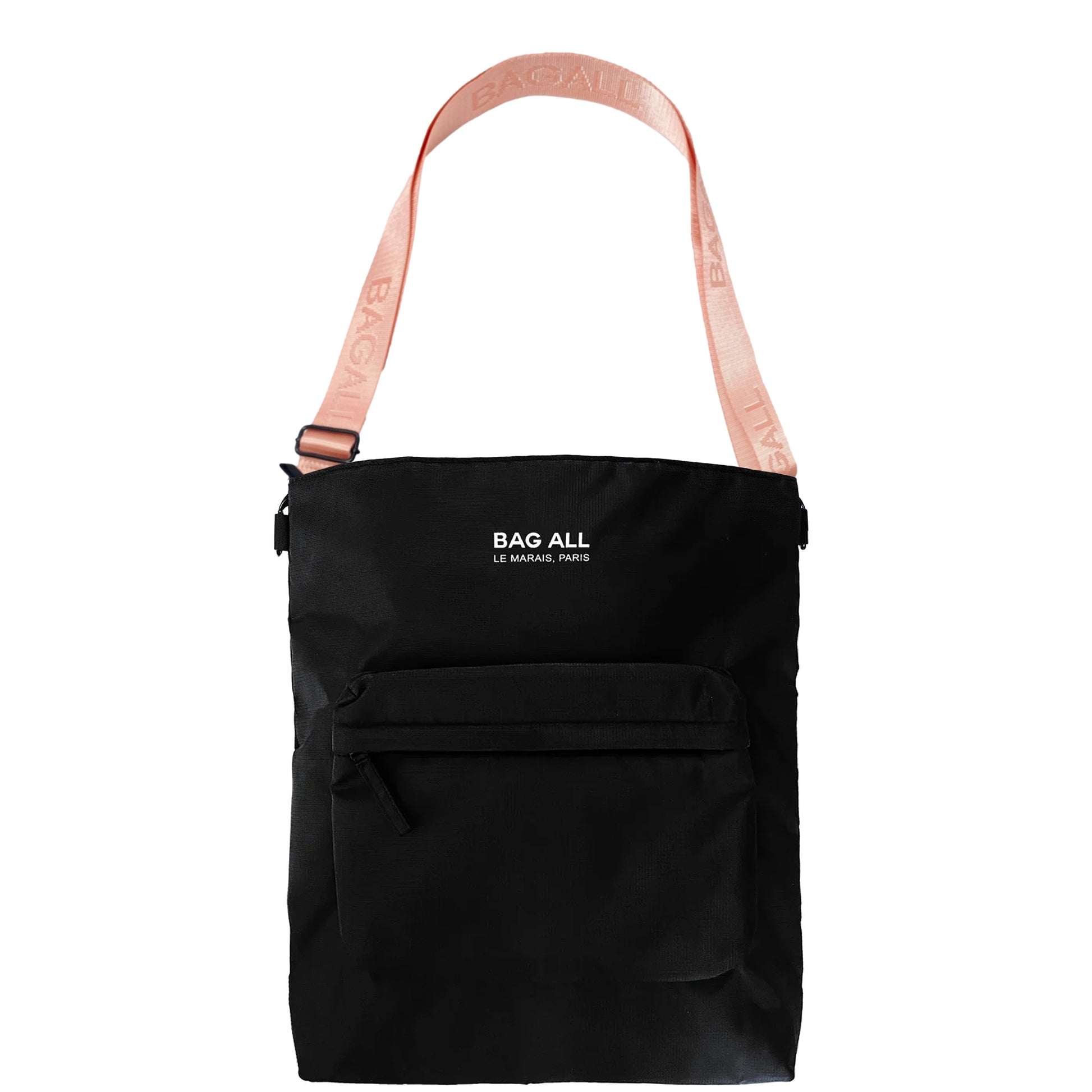 Black Laptop Tote Bag with pink strap and front pocket by Bag-all, versatile backpack style for modern daily use