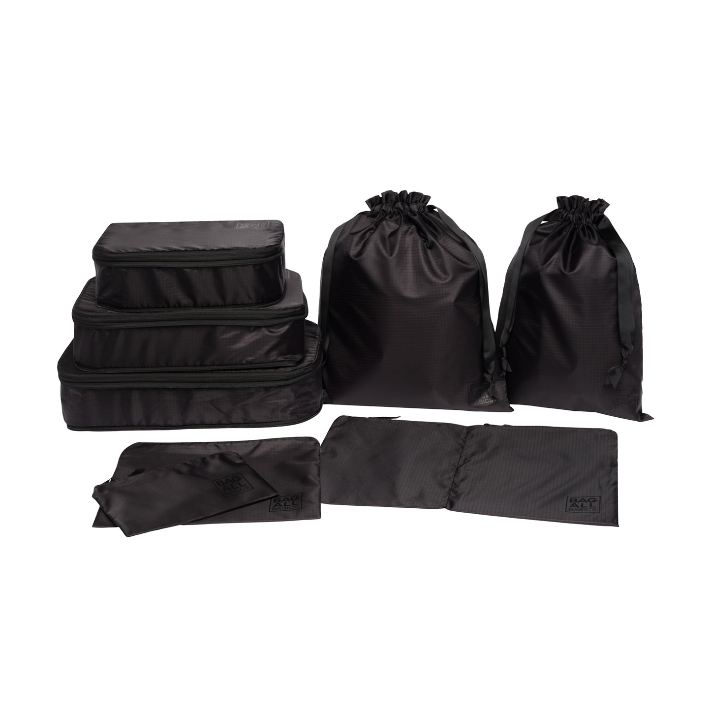 Bag-all Compression Cubes & Packing Bags Set in black, featuring 8 recycled nylon organizers including compression cubes, packing cases, and drawstring bags for efficient travel storage